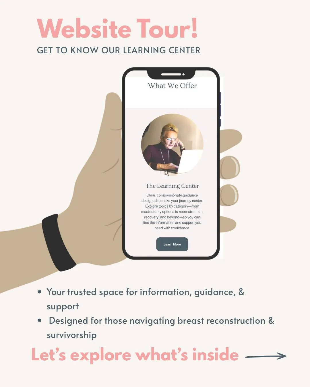 🌸 Website Tour Series: The Learning Center 🌸

The Learning Center was created to help you understand your options, prepare for what&rsquo;s ahead, and feel supported through every stage of reconstruction and recovery.

Inside, you&rsquo;ll find cle