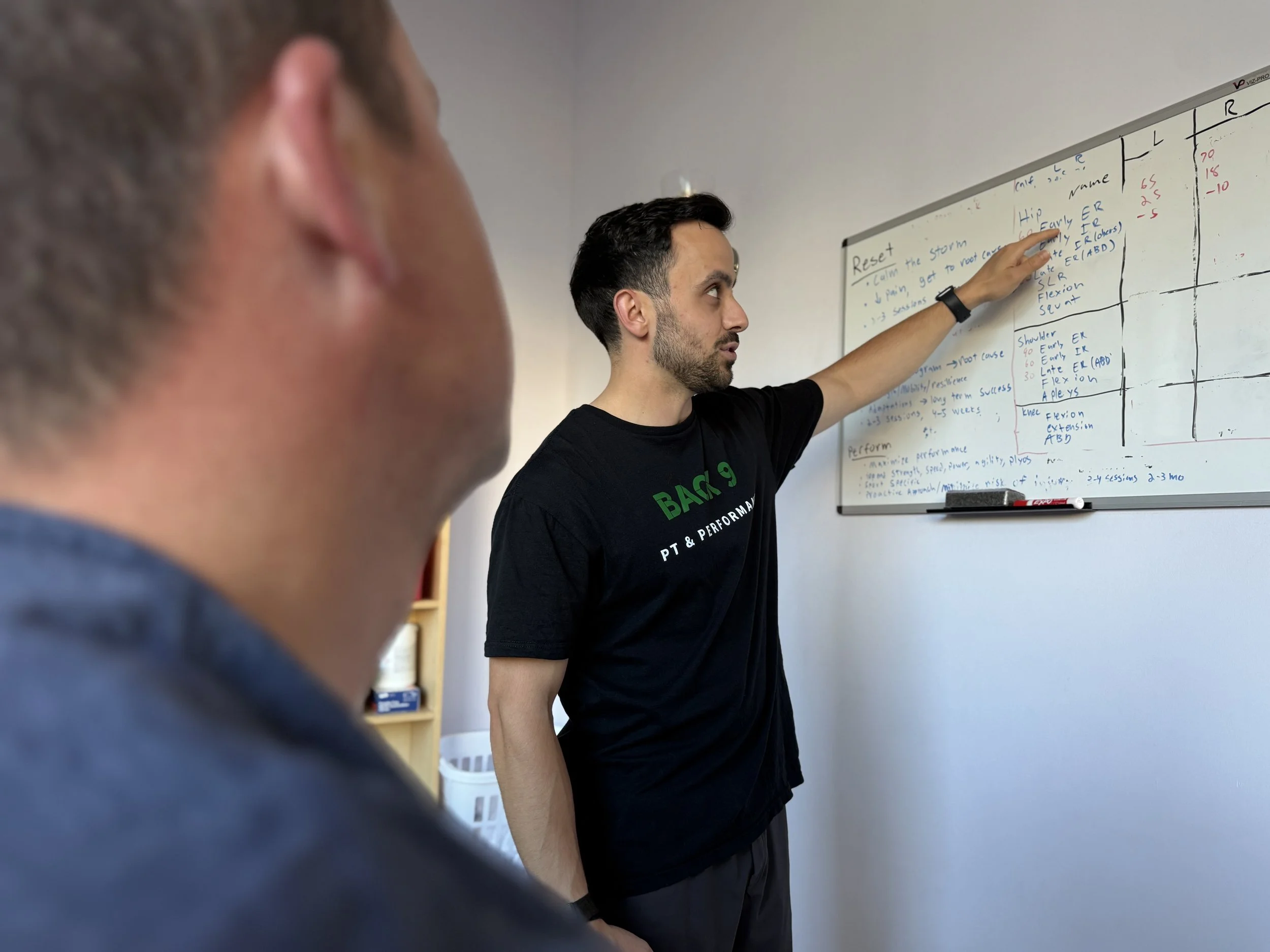 Physical therapist in Cambridge, MA assessing a client's mobility and strength with a whiteboard chart