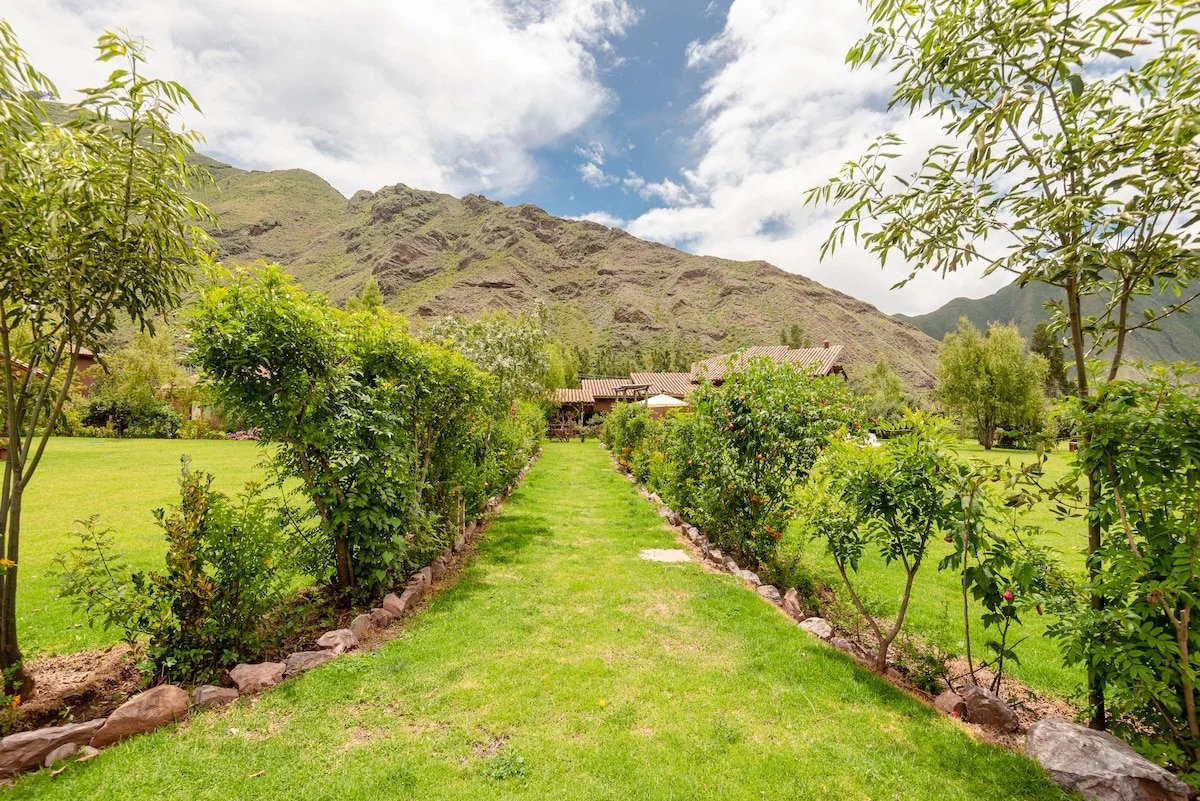 A garden with a grassy pathway flanked by rows of bushes and small trees, leading to houses at the foot of a mountain range under a partly cloudy sky.