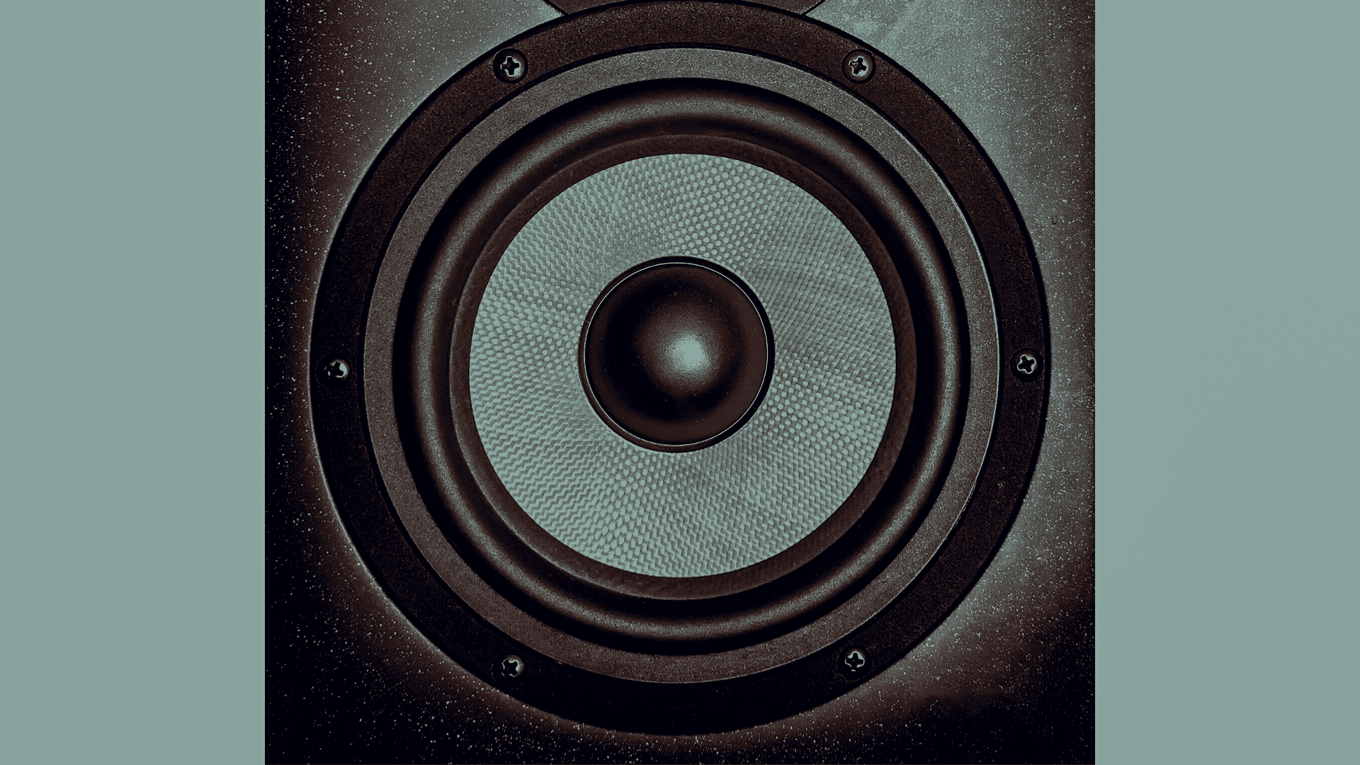 Nahaufnahme eines Lautsprechers mit schwarzem Rahmen und grau-meliertem Membran, befestigt an einer dunklen Oberfläche mit Staubpartikeln.