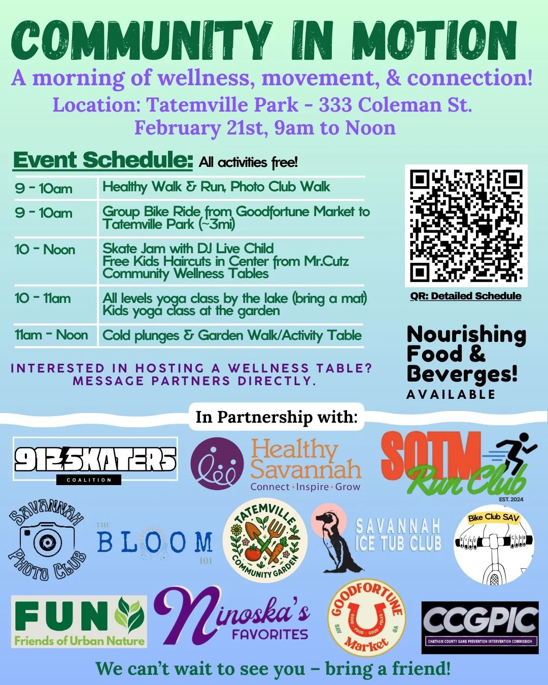COMMUNITY IN MOTION 🚴❤️&zwj;🔥🌻🛼💇🥶📸
Join in for a morning of wellness, movement, and connection 💚

📍 Tatemville Park (333 Coleman St)
🗓️ Feb 21 | 9am&ndash;12pm

Savannah&rsquo;s favorite wellness communities are coming together for a mornin
