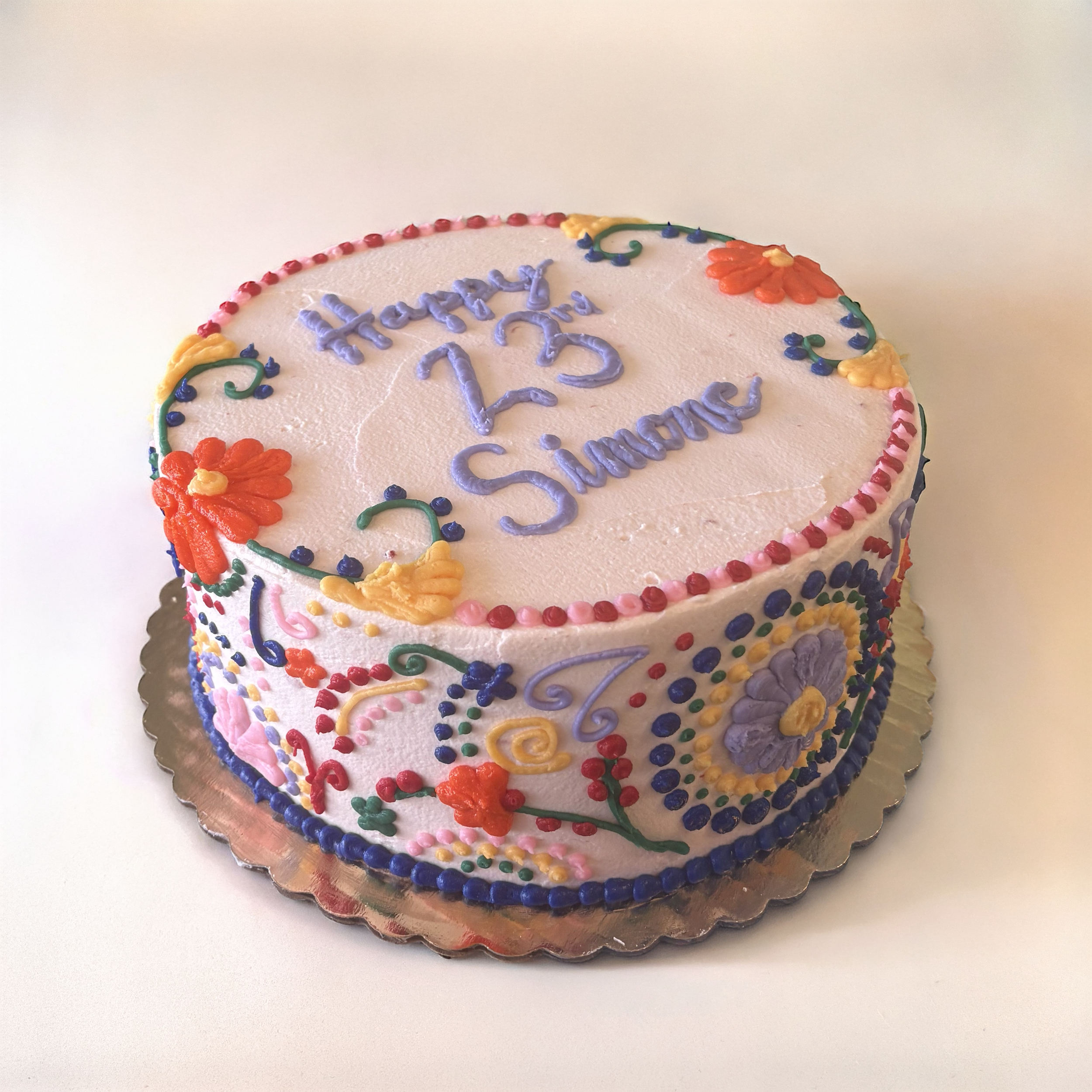 Round birthday cake decorated with colorful icing flowers and piping, with a message written on top.