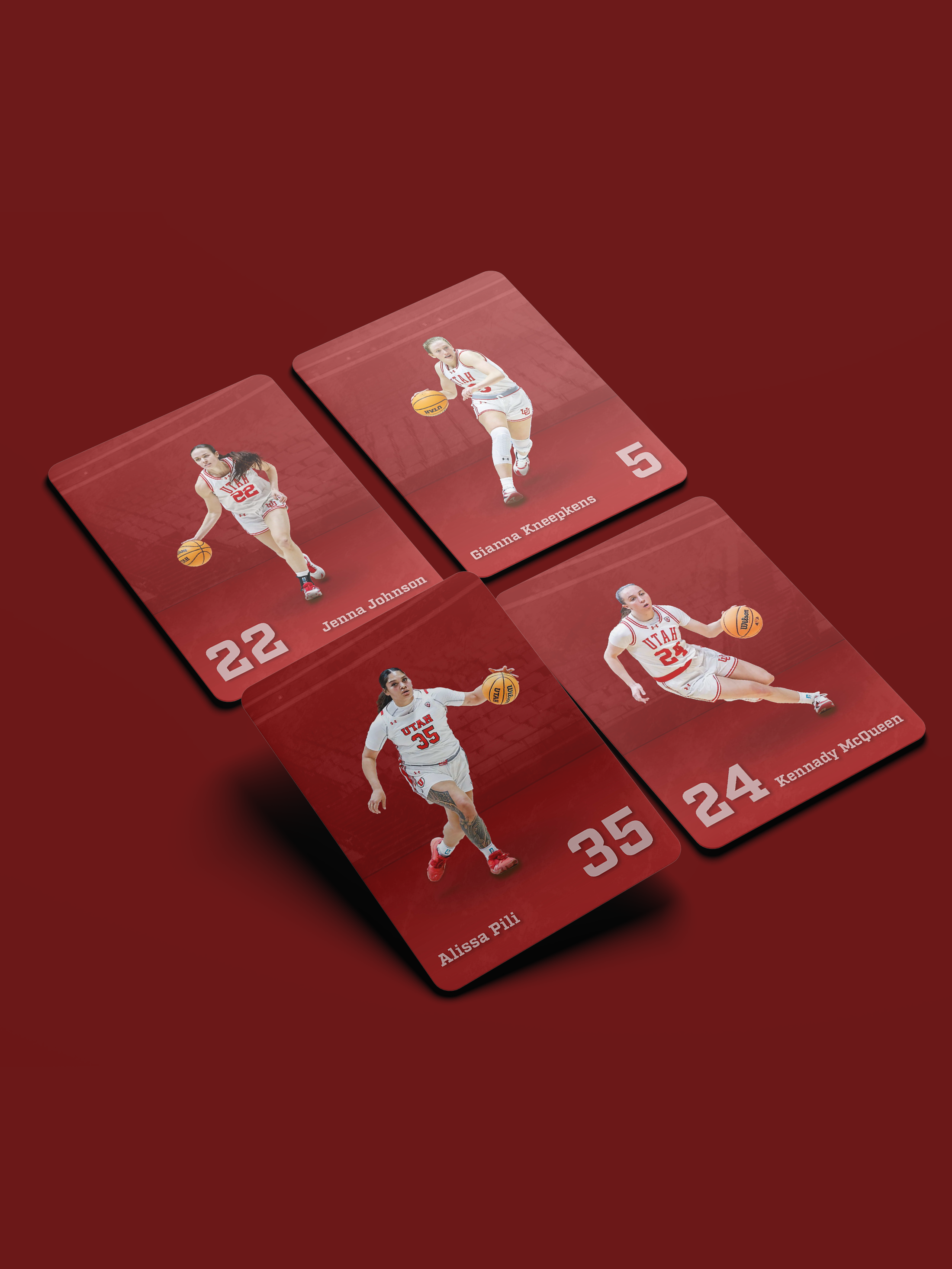 Four basketball player cards featuring women in Utah basketball uniforms, with their names and numbers, on a red background.