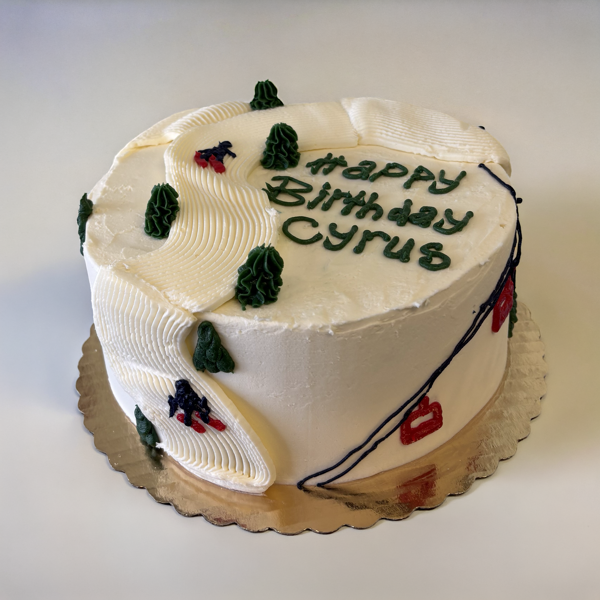 A birthday cake with white frosting, decorated with green and black icing trees, red and black icing bugs, and a black icing line resembling a road. The top of the cake has green icing writing that says "happy birthday Cyrus."