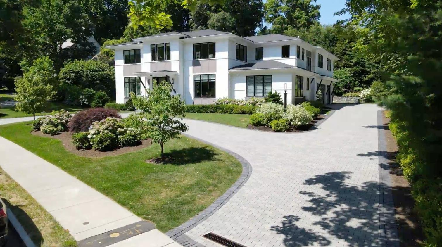 Front entrance with permeable paver driveway in Newton, MA