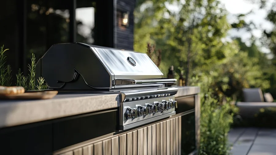 Covered outdoor kitchen with stone counters and stainless appliances in Cambridge, MA