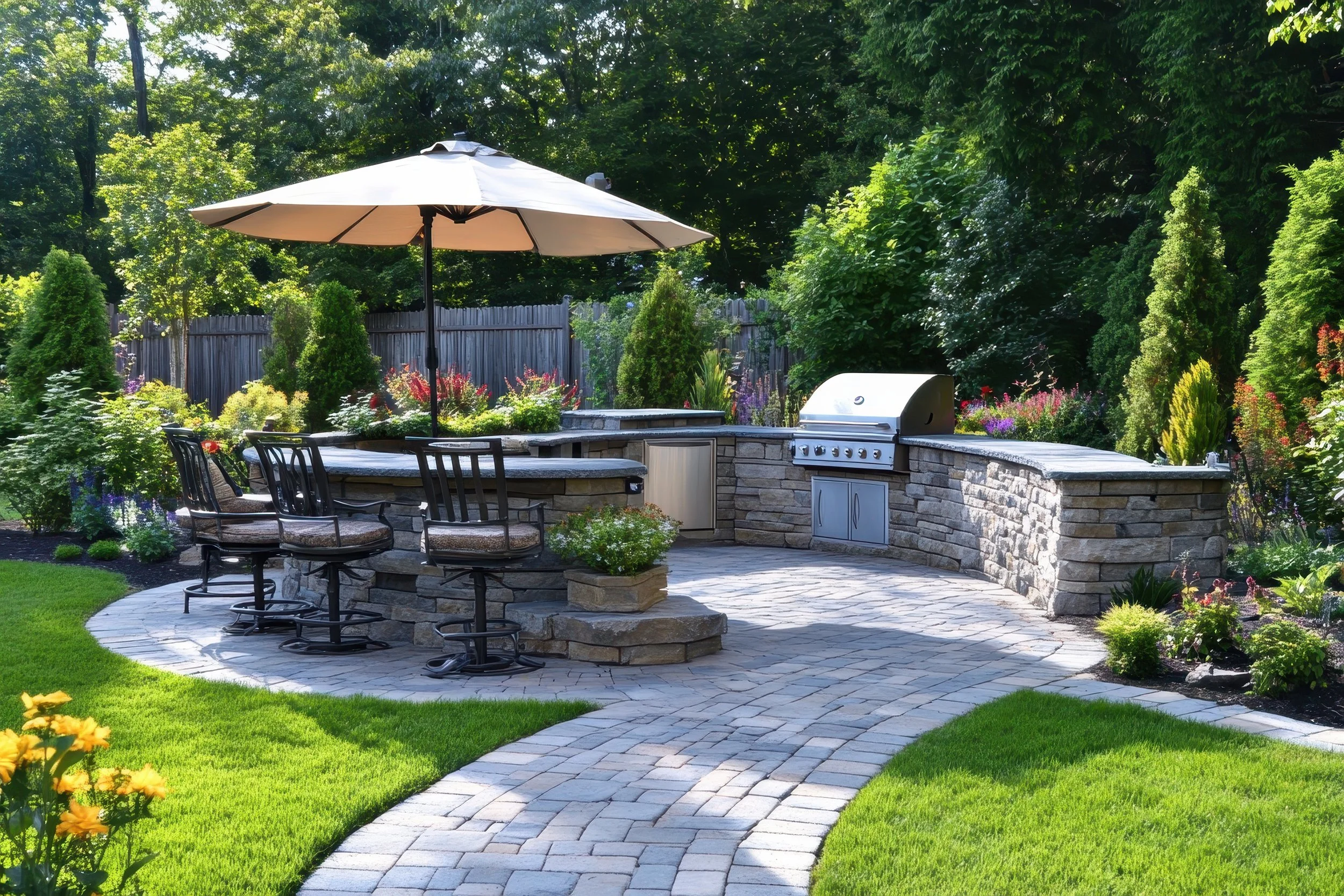 Outdoor backyard with built-in stone grill and counter, seating area with bar stools, large beige umbrella, paved stone pathway, lush green lawn, and colorful garden plants and trees in the background.