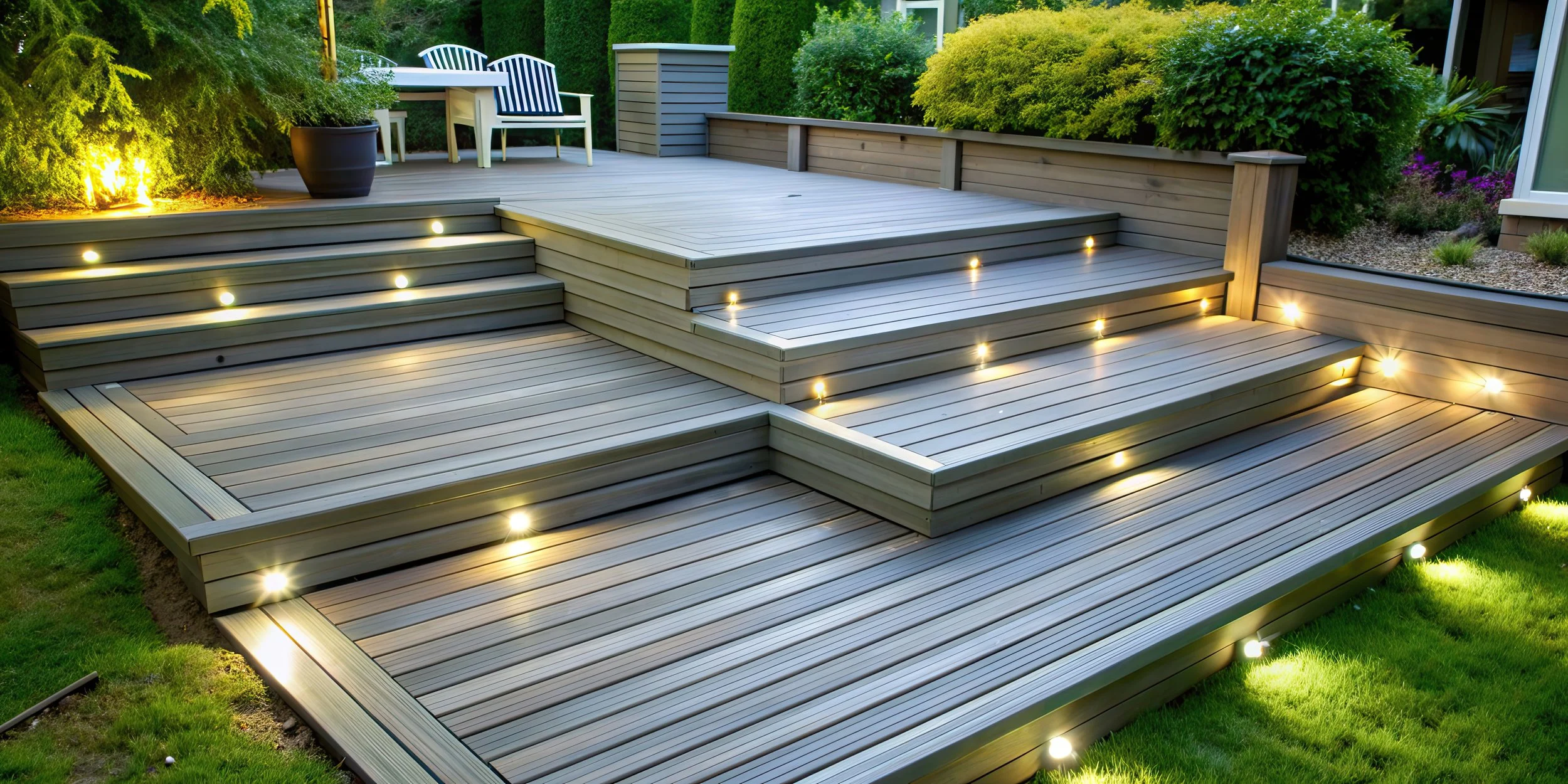 Outdoor wooden deck with illuminated steps and surrounding greenery, including bushes and trees.