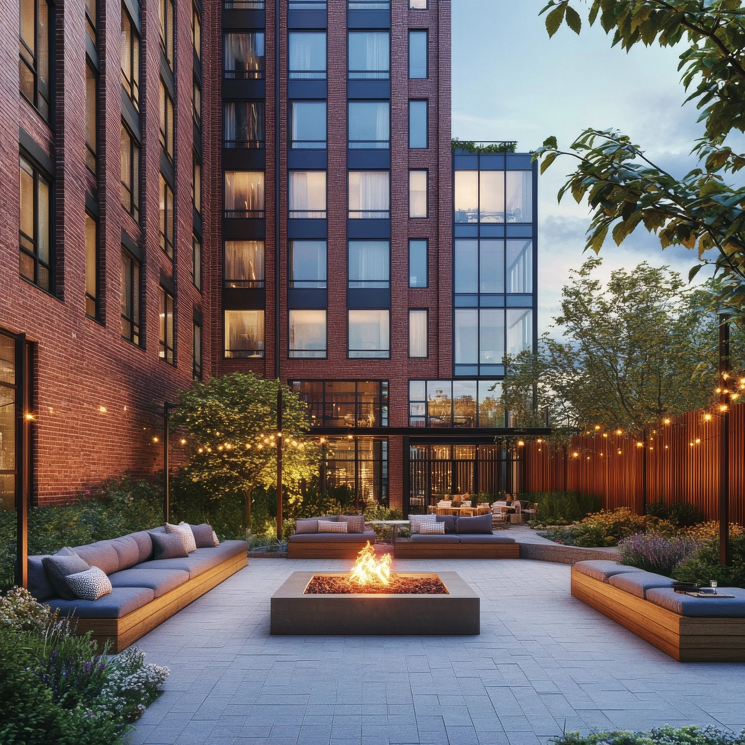 Outdoor courtyard with modern seating, string lights, fire pit, surrounded by tall brick and glass buildings, during evening.