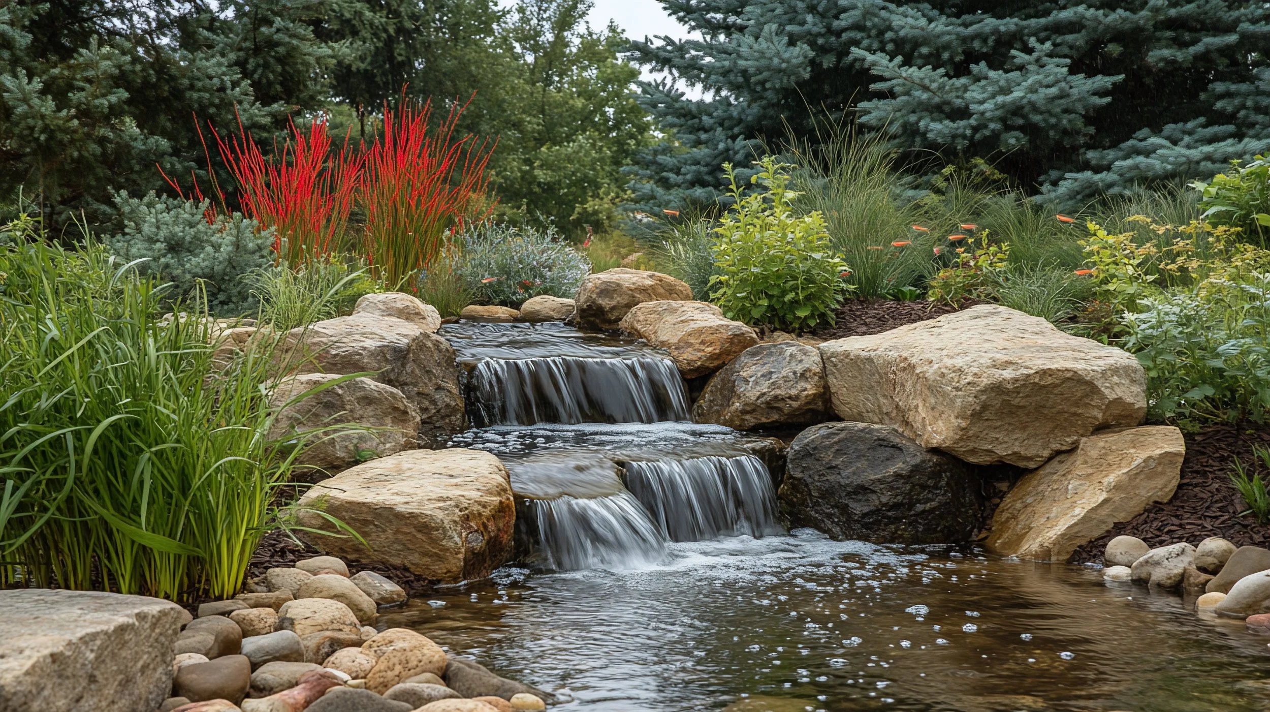 A small waterfall in a garden with rocks, green plants, and trees in the background.