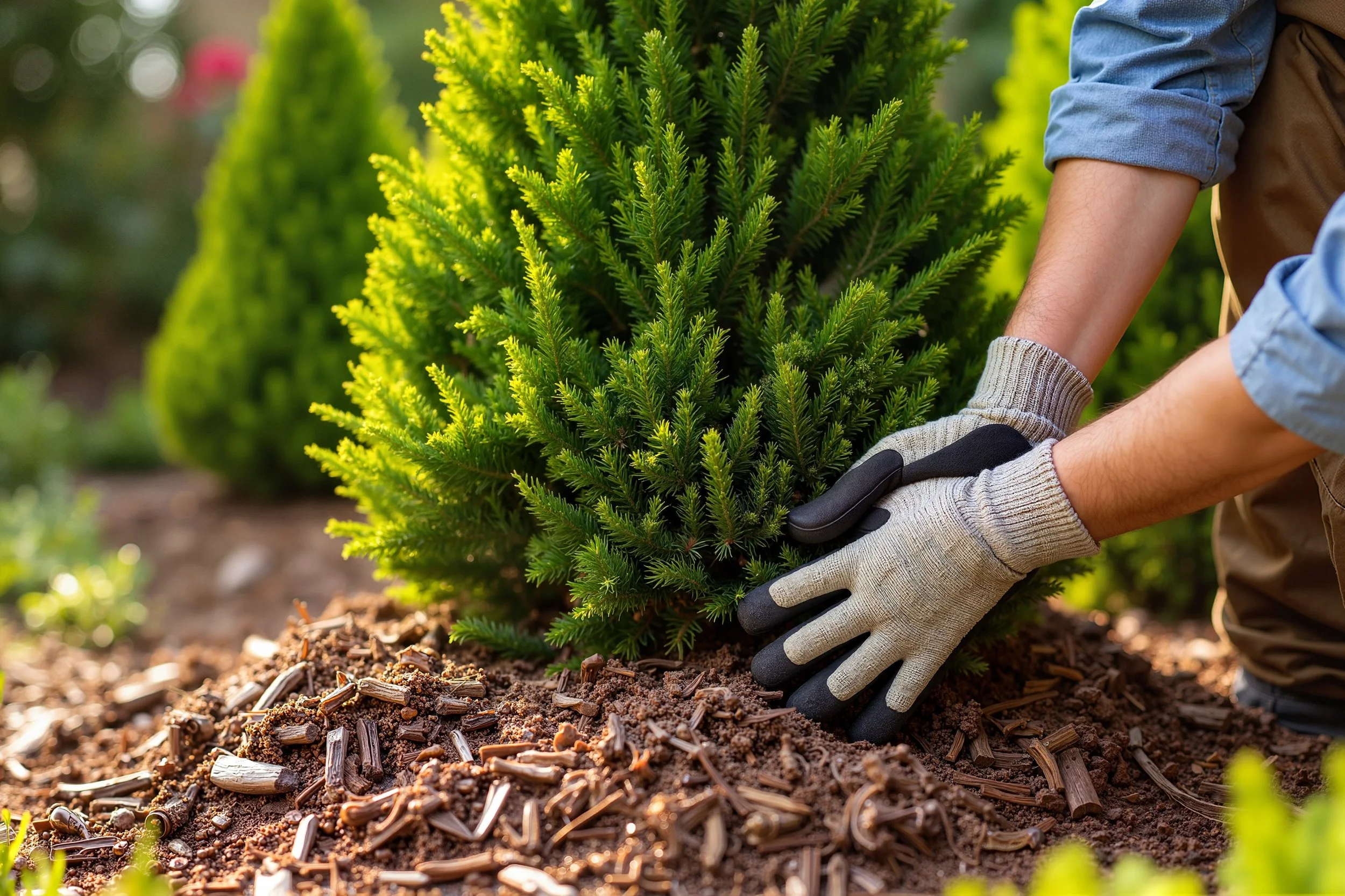 Person planting a small evergreen tree in soil during daytime, wearing gloves and casual clothing.