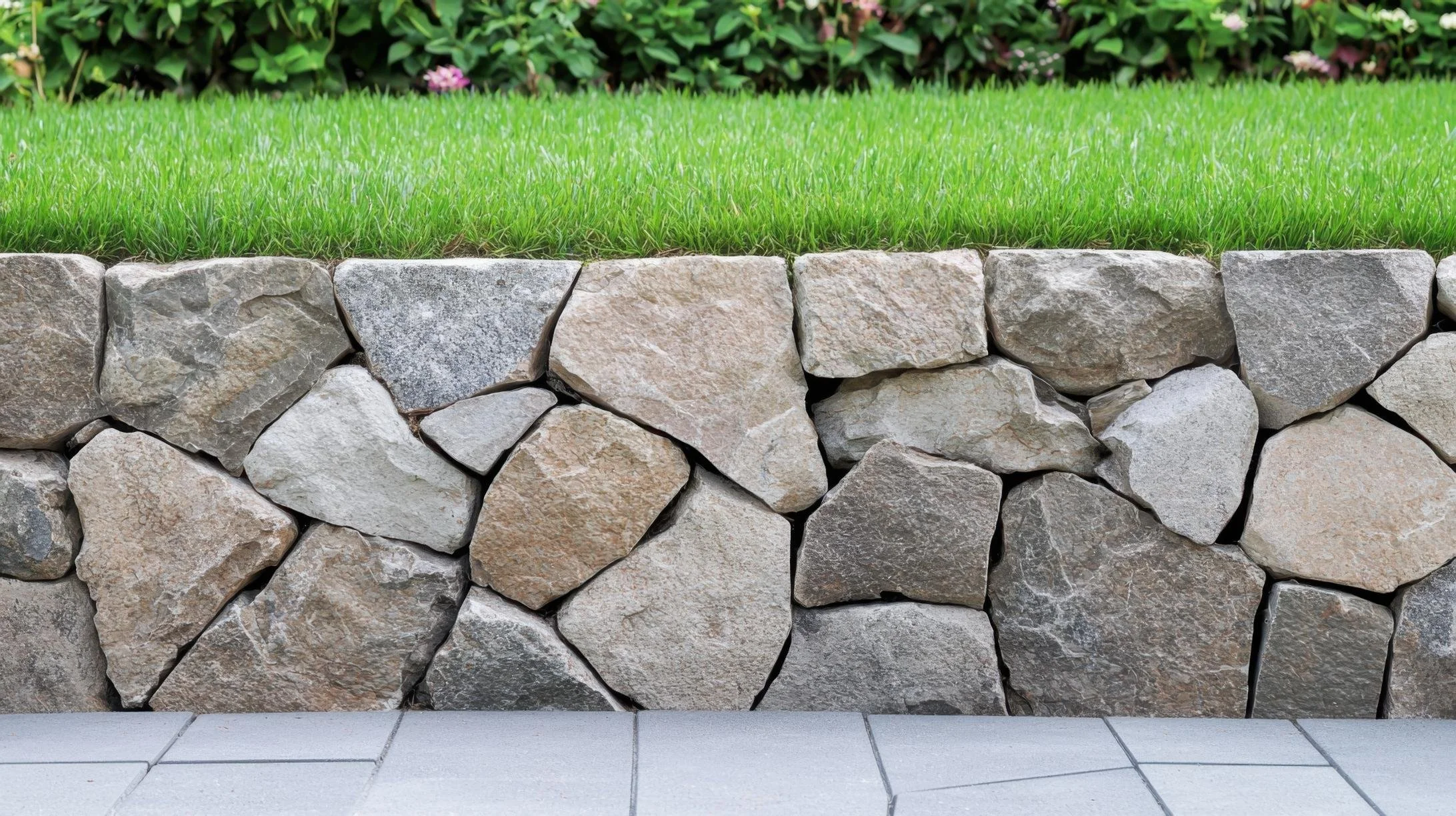 A stone retaining wall with large, irregularly shaped stones stacked together, topped with green grass and plants, and a tiled sidewalk in the foreground.