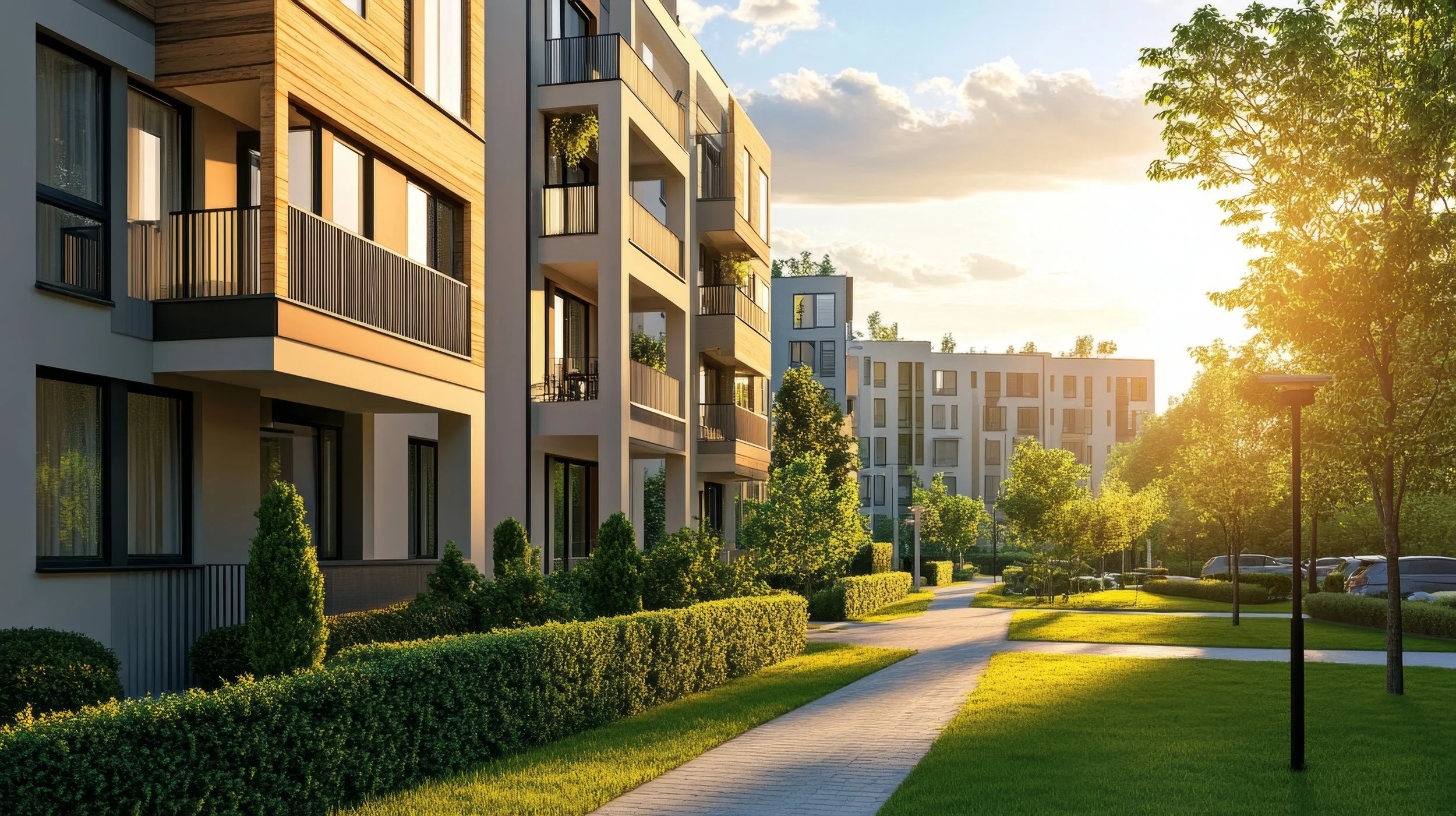 Modern apartment buildings surrounded by green lawns and trees during sunset.