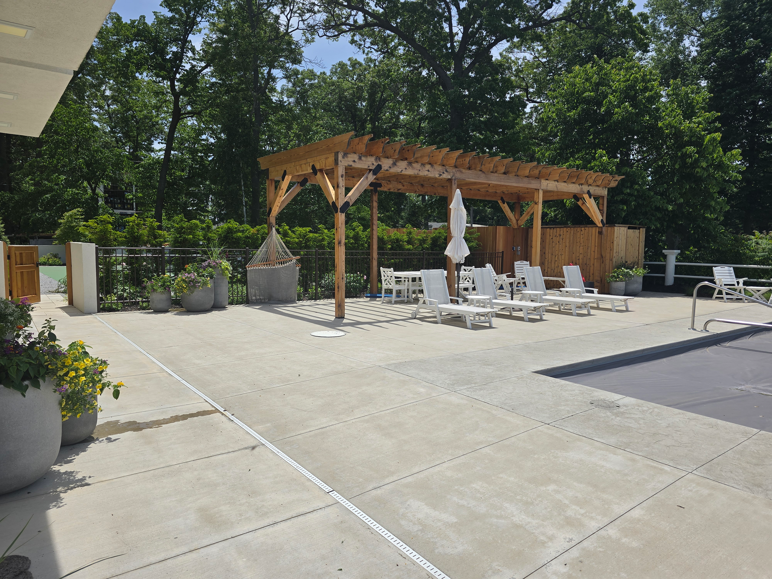 An outdoor pool area with lounge chairs, potted plants, a hammock, and a wooden pergola surrounded by trees.