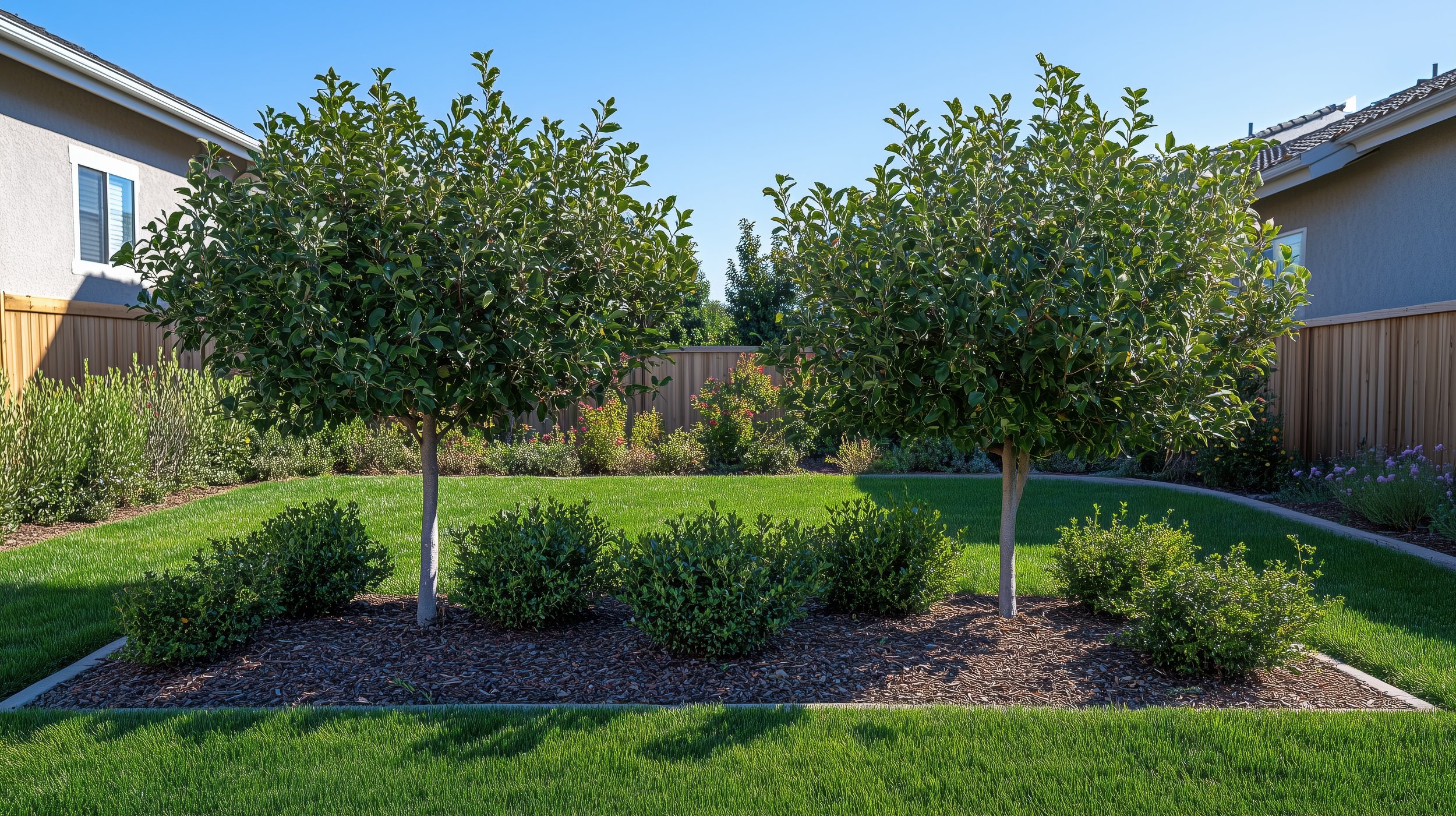 A backyard with two neatly trimmed bushes and two taller trees in the center, surrounded by green grass, a wooden fence, and neighboring houses under a clear blue sky.