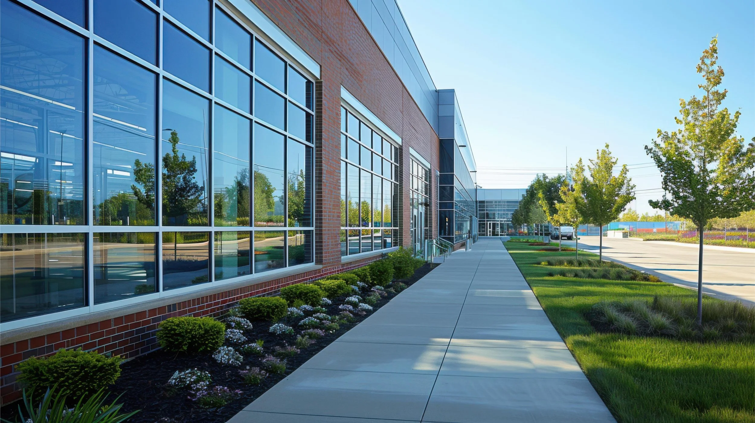 A sidewalk outside a modern building with large glass windows, surrounded by small bushes, trees, and a grassy lawn on a sunny day.