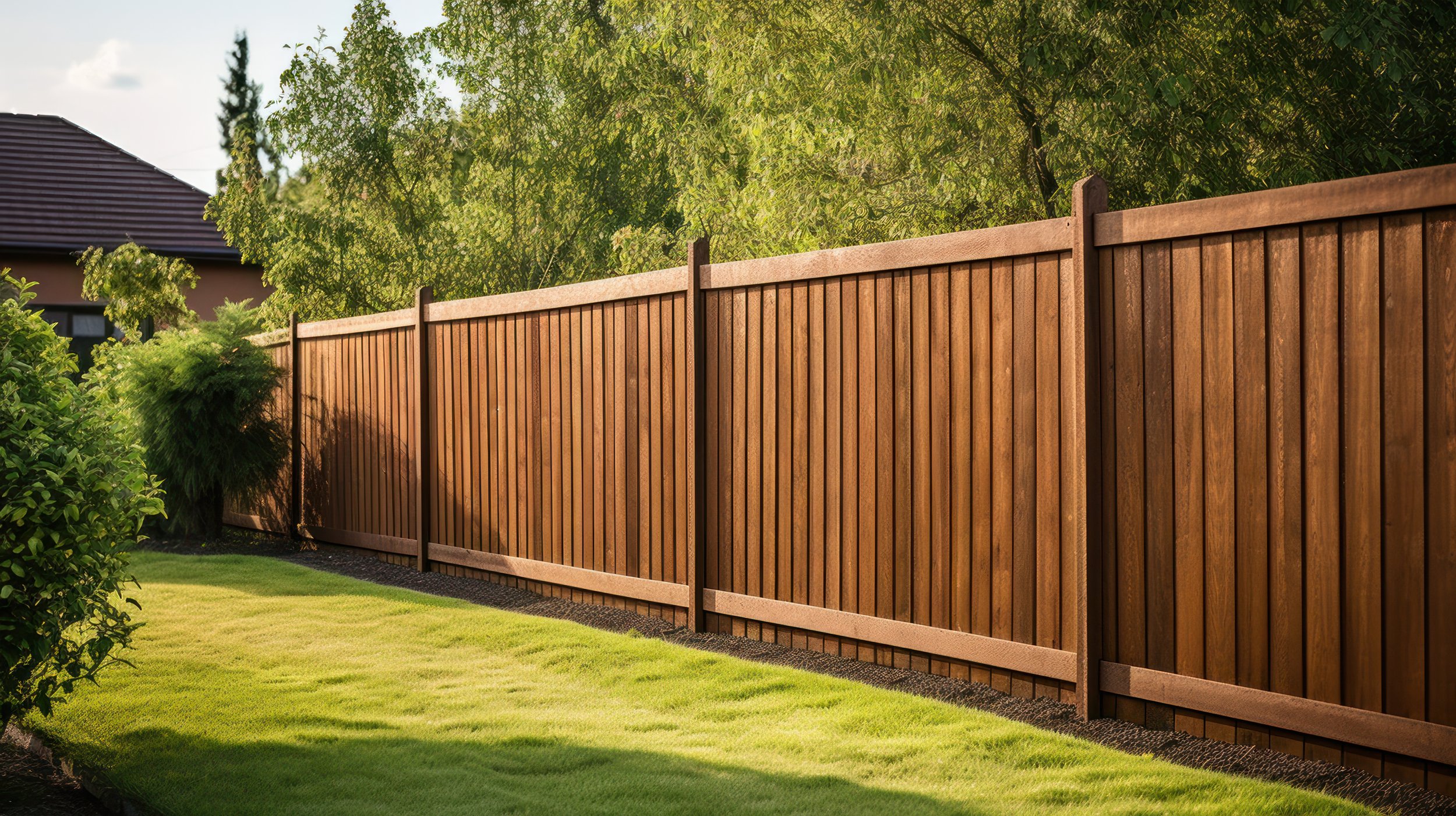A wooden privacy fence runs along the edge of a well-maintained grassy yard, with green trees and a house in the background.