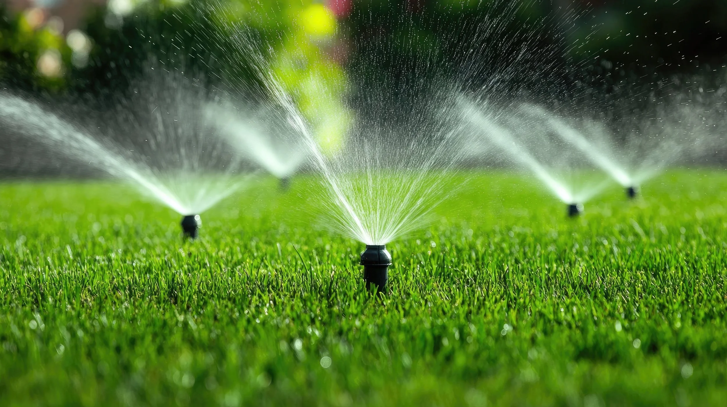 Sprinkler sprinkler system watering green grass during daytime.