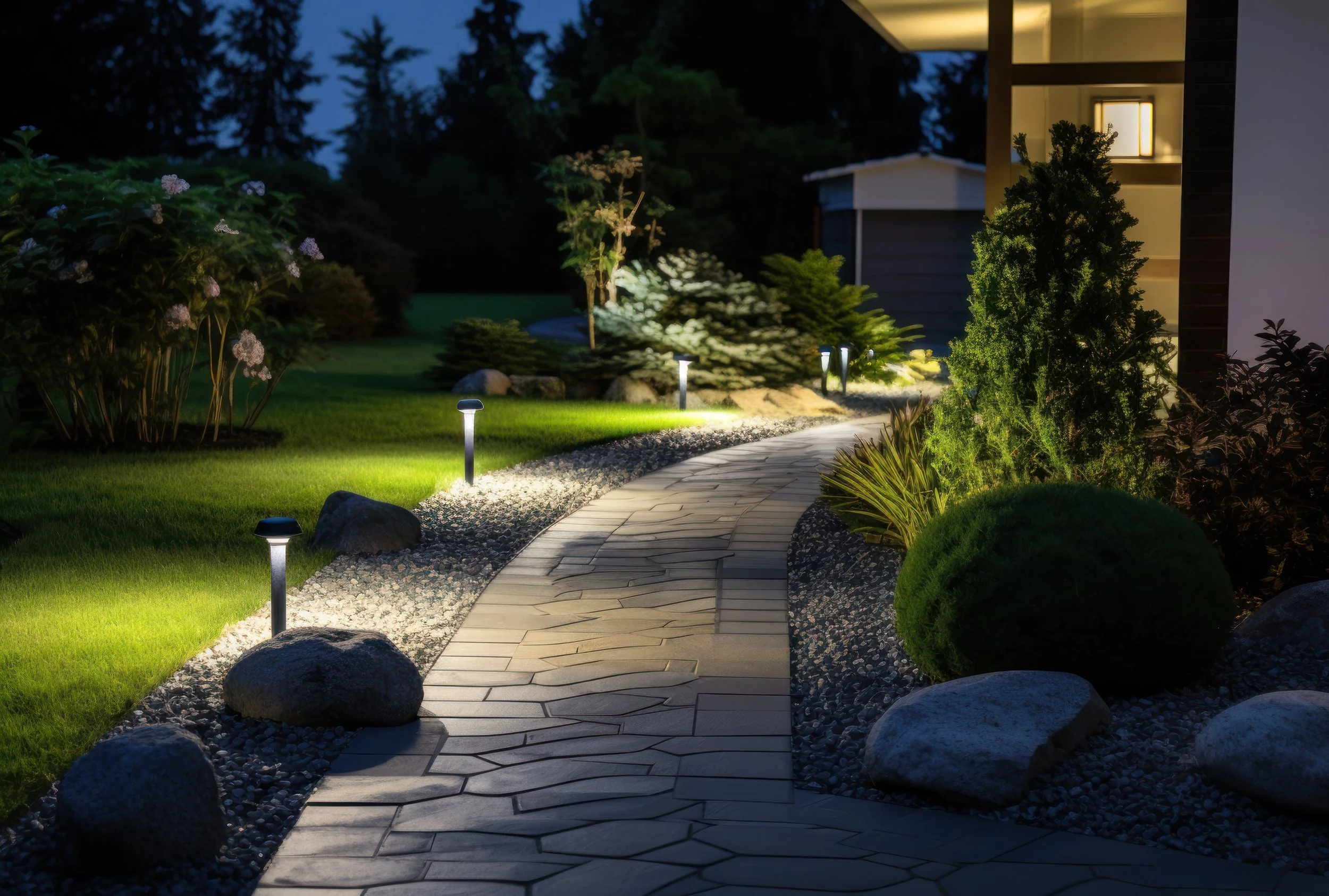 Smart-controlled lighting system highlighting garden beds in Southwest Michigan