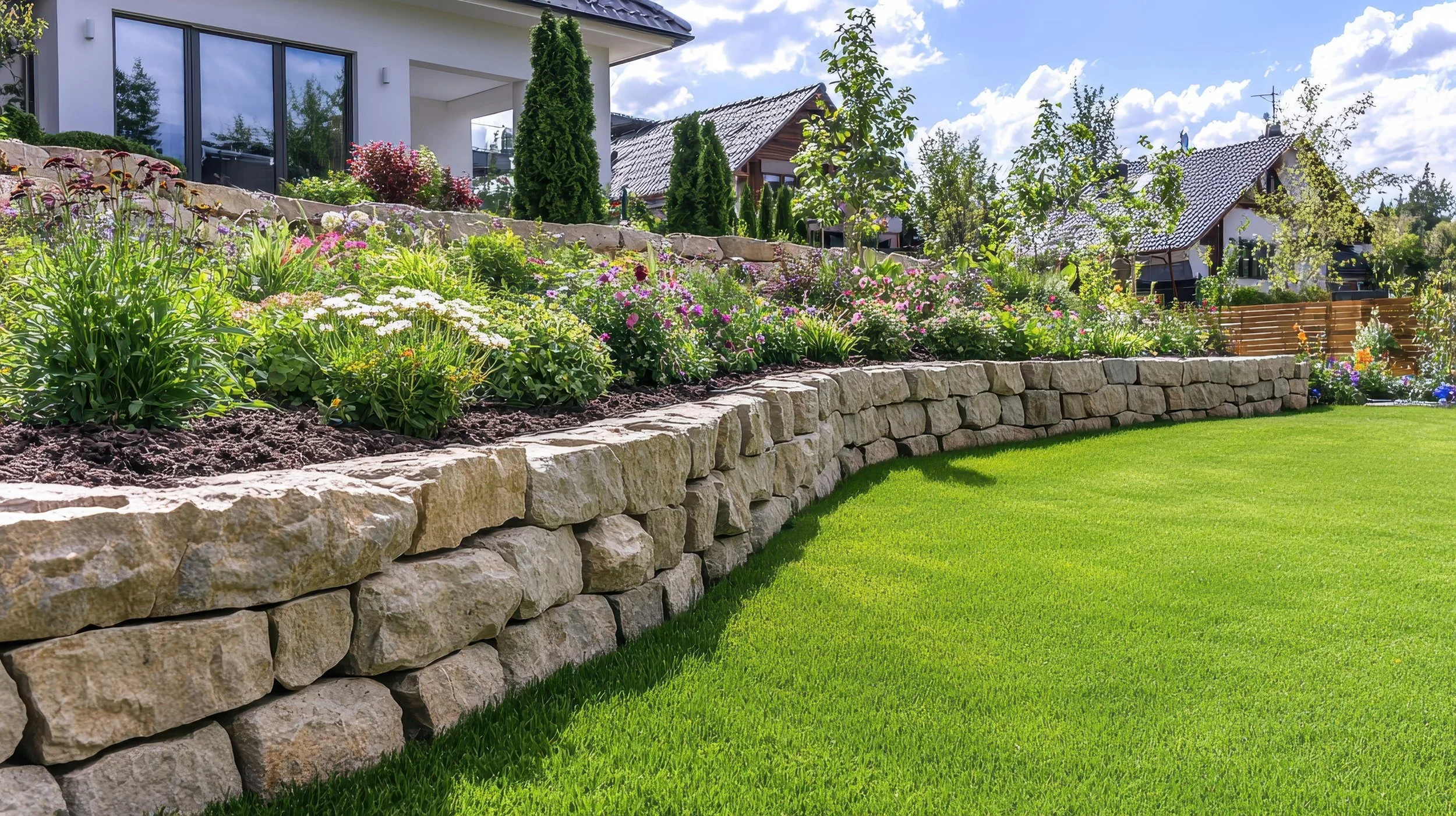 A landscaped backyard with a neatly trimmed green lawn, a stone retaining wall with various plants and flowers, modern houses in the background, and a partially cloudy sky overhead.