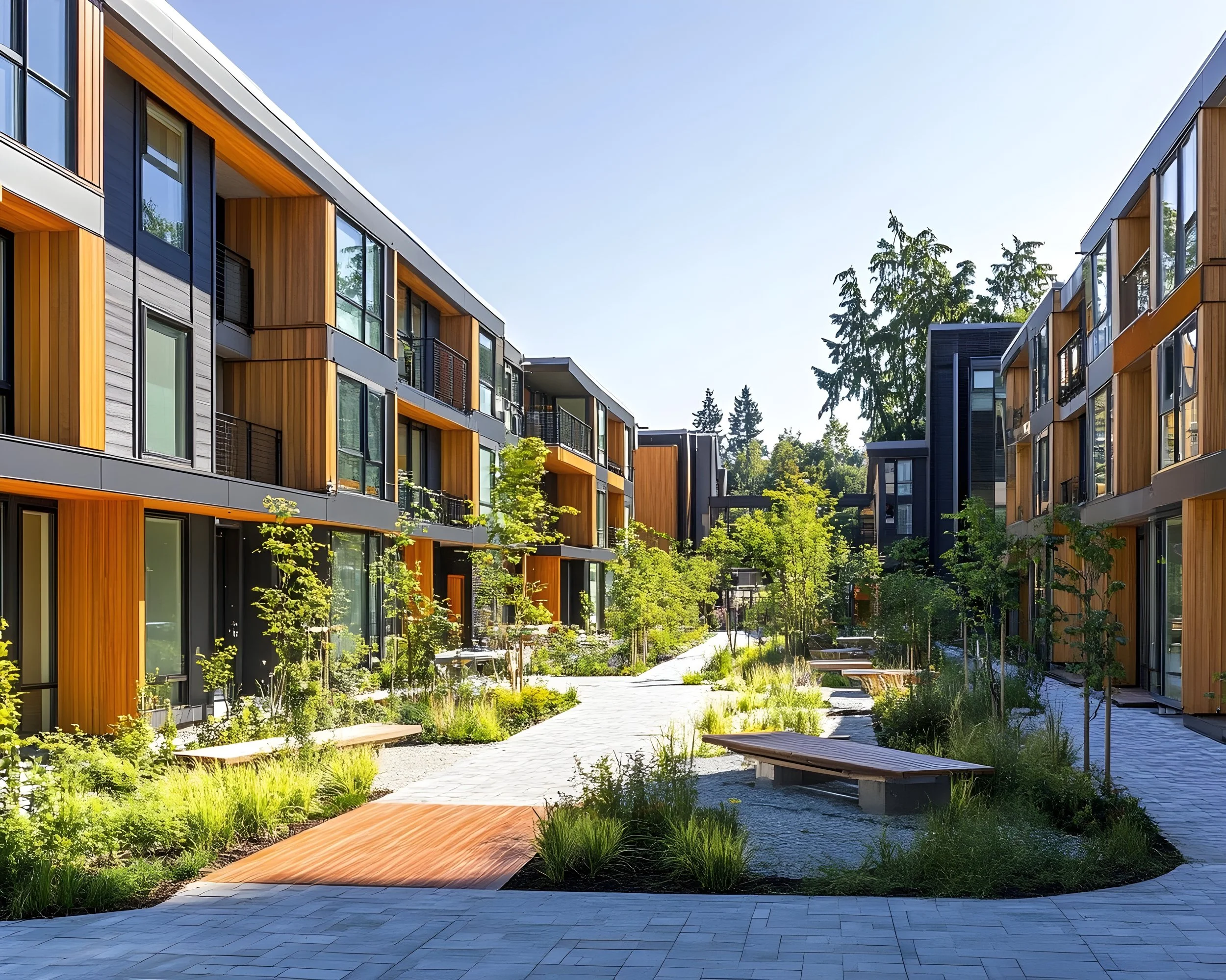 Modern apartment complex with landscaped courtyard featuring benches, trees, and pathways.