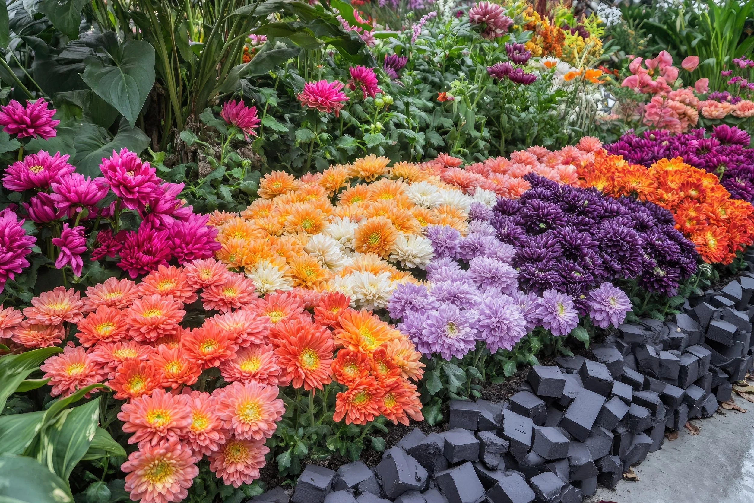 Colorful flowers in a garden bed, including pink, orange, white, purple, and lavender blooms, bordered by black stone pavers.
