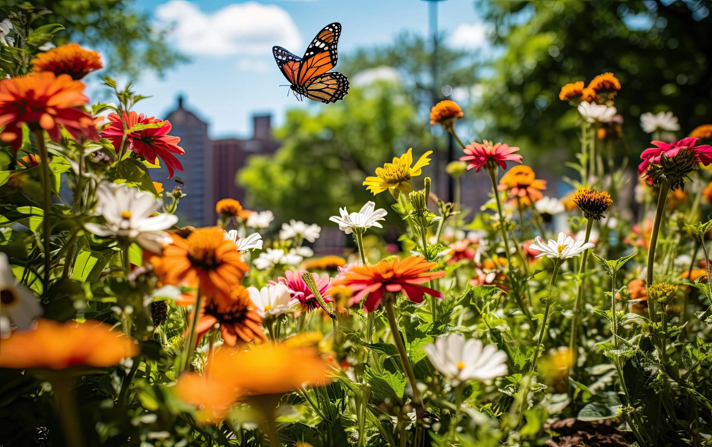 A lush garden with colorful flowers including orange, white, and pink blooms, with a monarch butterfly flying above. In the background, city buildings and green trees under a blue sky with clouds.