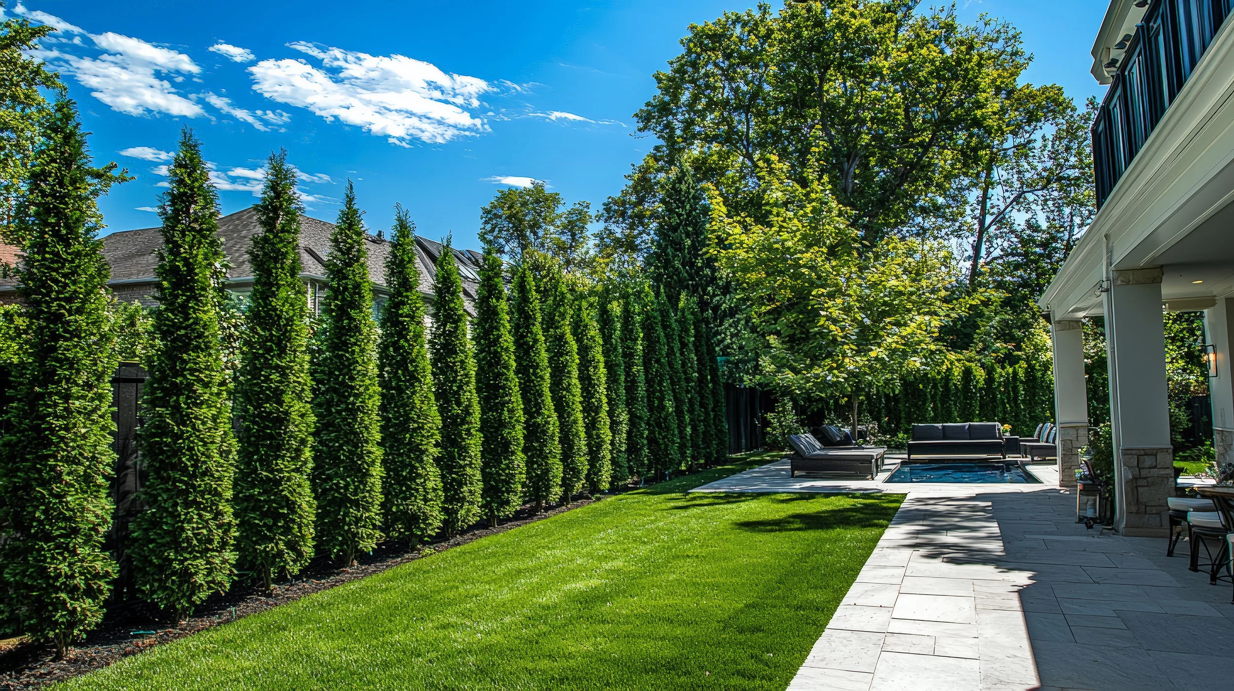 A backyard with a well-maintained green lawn, tall, closely spaced evergreen trees along the left side, a large deciduous tree on the right, and a seating area with outdoor furniture and a small pool or hot tub in the background. The sky is blue with some clouds, and part of the house's back porch is visible on the right.