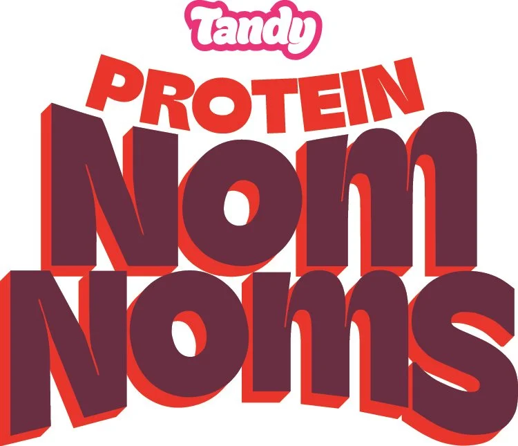 Tandy Protein Nom Noms logo with bold red and black text on a white background.