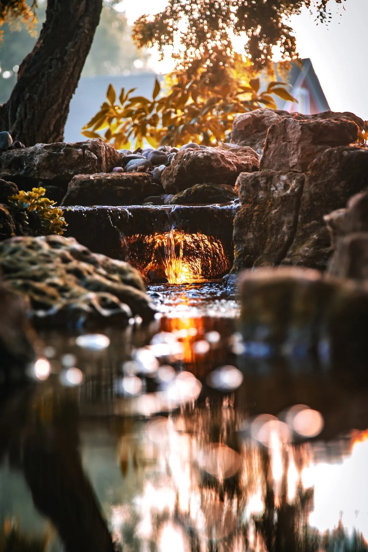 Bubbling rock water feature with natural landscaping in Verona, WI