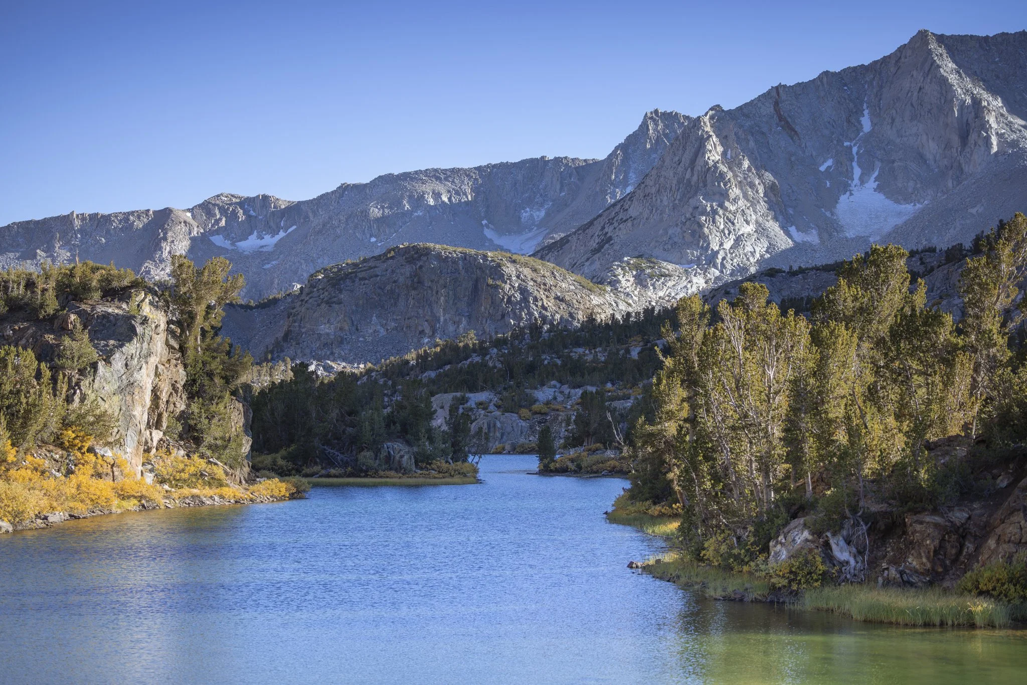 A lake surrounded by trees with mountain peaks in the background under a clear blue sky.