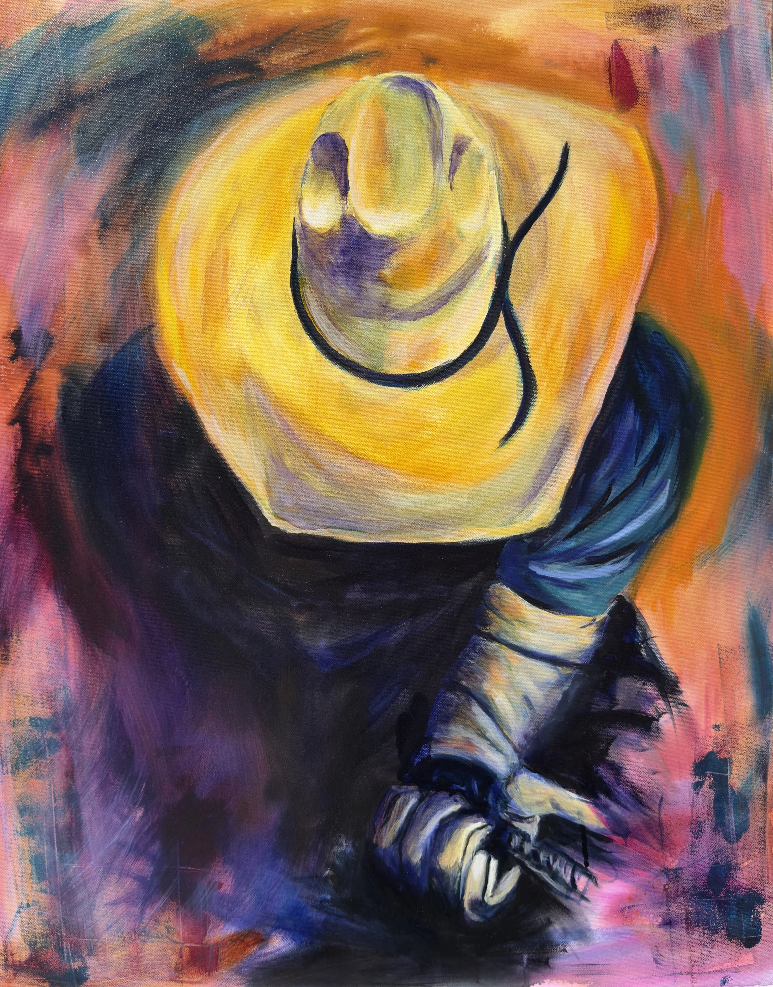 An abstract painting of a yellow and purple bird sitting on a branch with a swirling colorful background of pink, purple, orange, and blue tones.