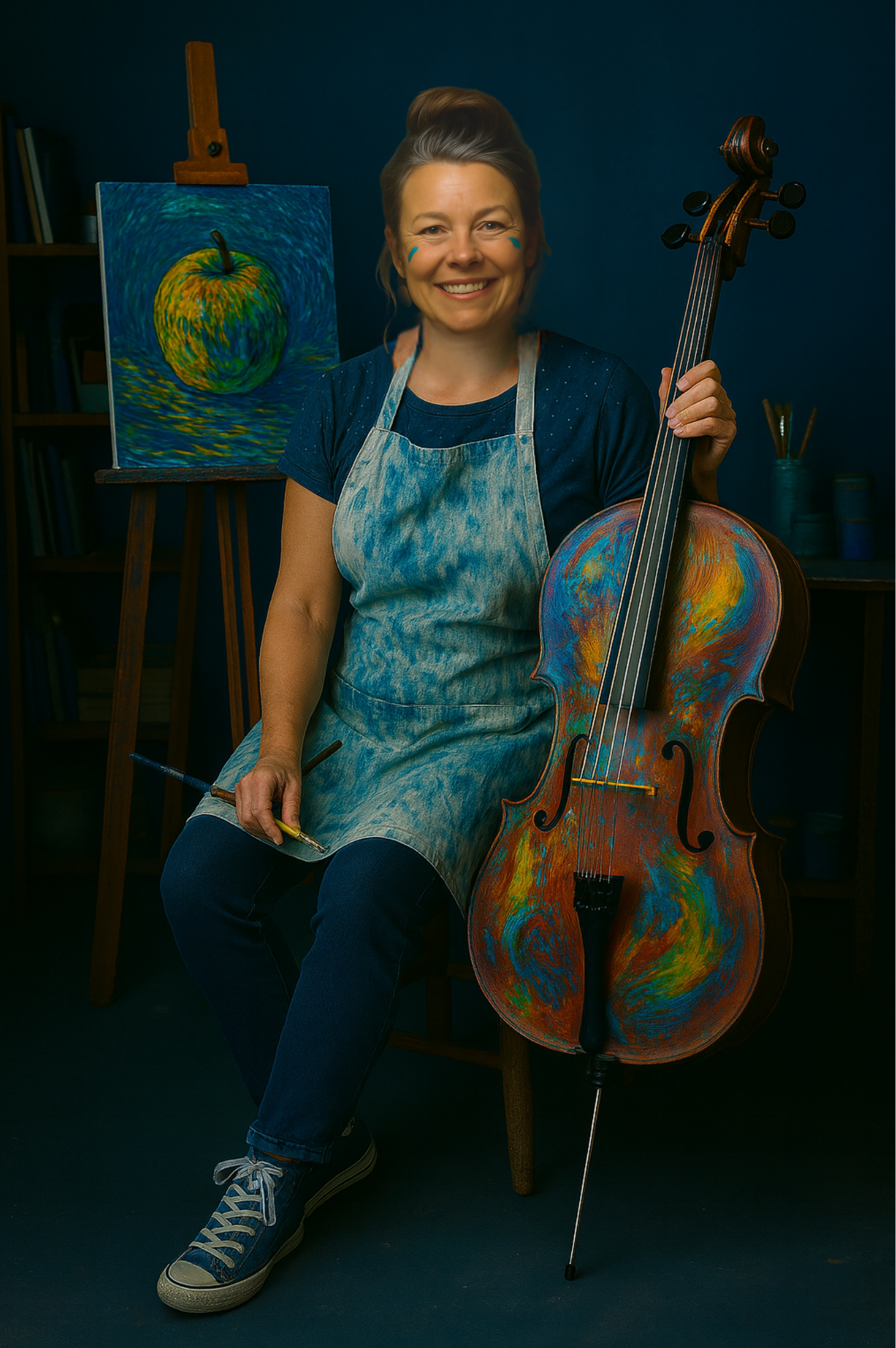 A woman sitting in an art studio holding a colorful painted cello. She is wearing an apron and smiling at the camera, with a painting of an apple in the background.