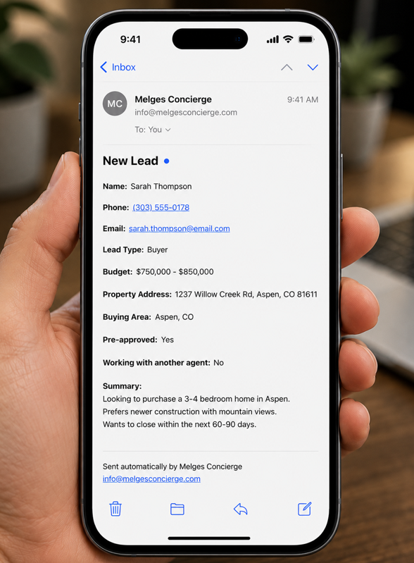 Melges Concierge email summary of lead