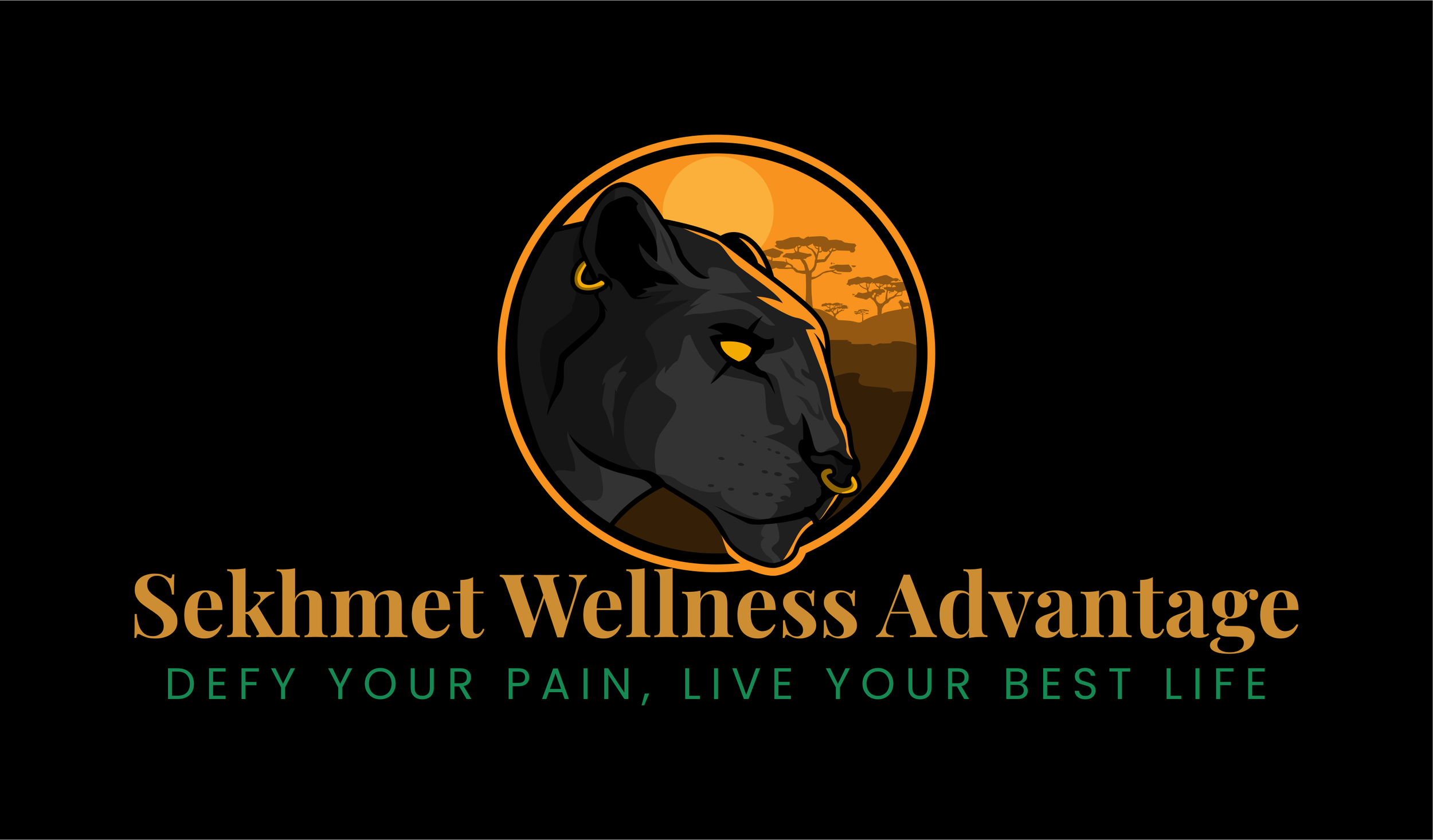 Logo for Sekhmet Wellness Advantage featuring a black panther's head with gold earrings in a circular background with an African sunset and landscape, with the text 'Sekhmet Wellness Advantage' and slogan 'Defy your pain, live your best life'.