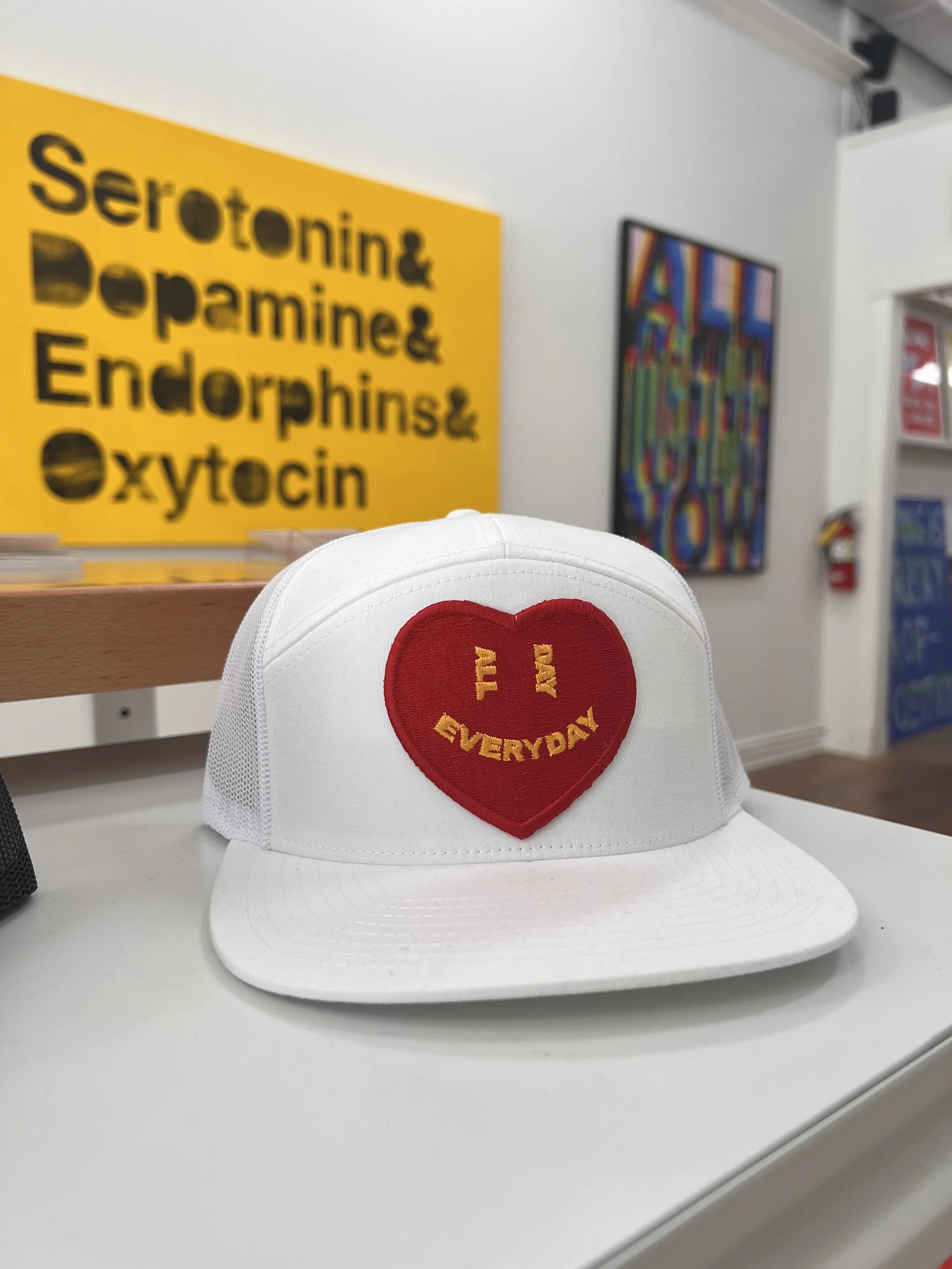 A white trucker hat with a red heart patch that says 'FUN EVERYDAY' in yellow embroidery, placed on a white surface.
