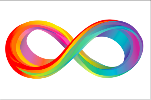 Flag with white background and horizontal figure 8 with swirling rainbow colors. This is the Neurodivergent Pride Flag.