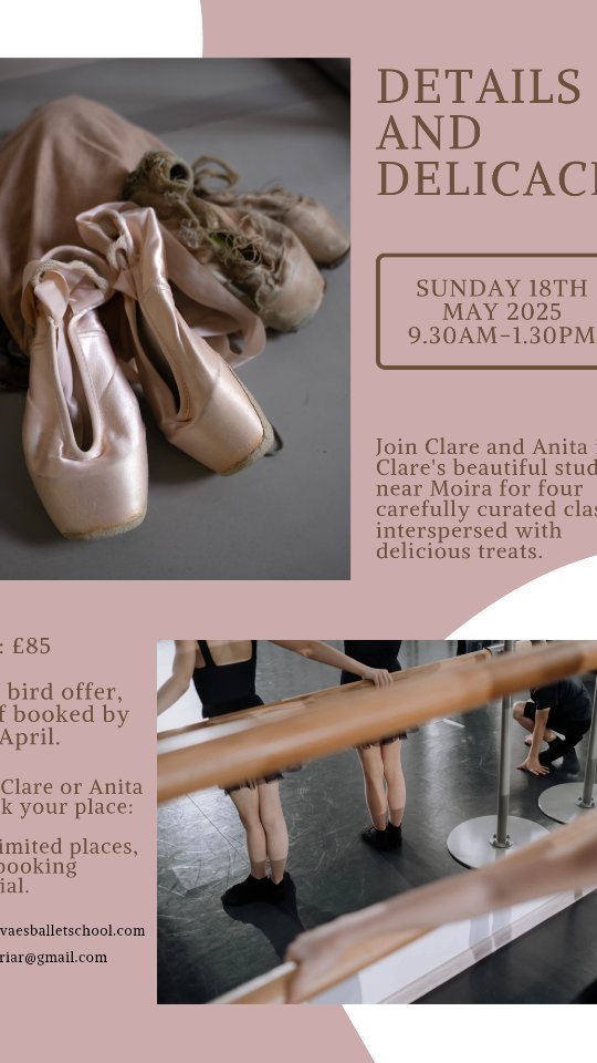 Details and Delicacies is back!
Join @novaesballetschool and I on Sunday 18th May for a half day retreat. We'll have Pilates, barre and Ballet classes interspersed with delicious nourishing treats.
Places are limited and it usually sells out so boo