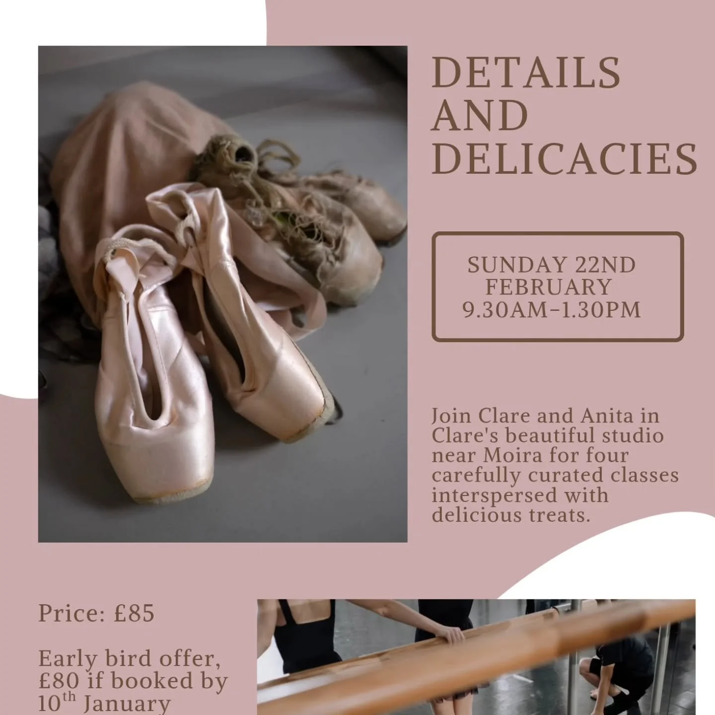 Last few days to get the early bird price for Details and Delicacies on 22nd February. We're down to the last few spaces left as well.
DM or email anita@anitamcbriarpilates.com to book a day of joyful movement ✨

@novaesballetschool 

#retreat #balle