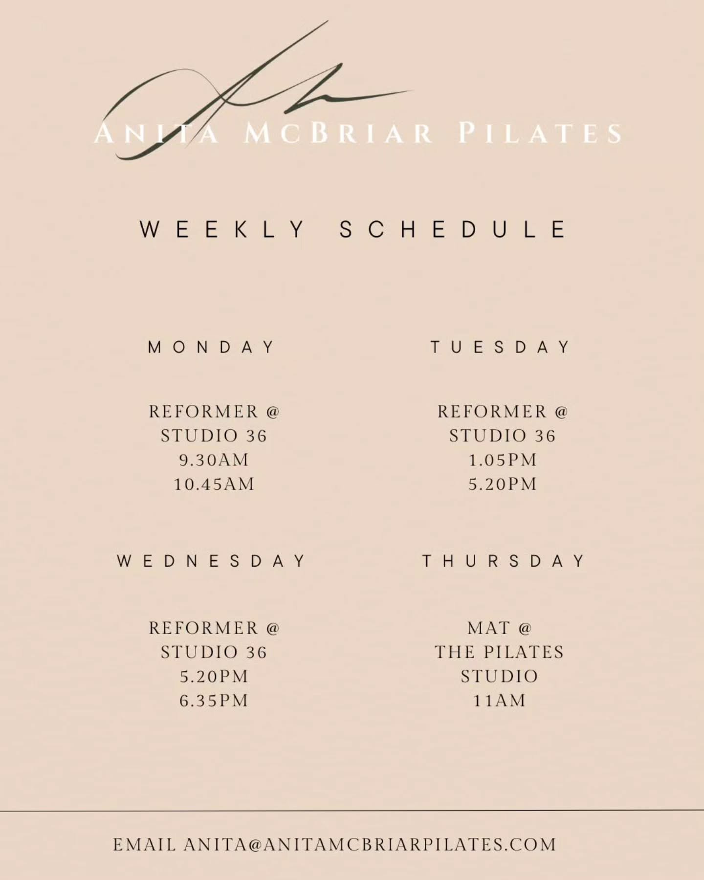 Class Schedule for 2026 ✨

Reformer classes at @studio36ni , Mat class @pilates.studio.belfast 

New 6 week block begins next week ✨
DM or email anita@anitamcbriarpilates.com to book a space ✨

#pilatesinstructor #pilates #reformerpilates #newyear #p