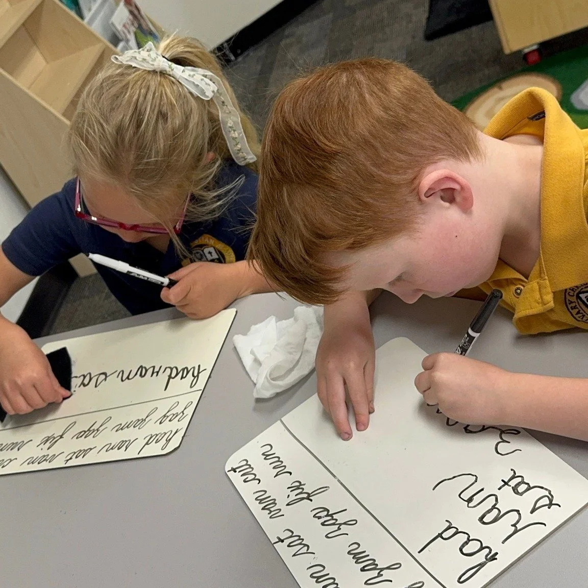 I could watch our kids do handwriting all day. (BTW these were our Kinders writing cursive)

Turns out there's real brain science behind it. Write a word by hand and a child's brain lights up all over. Type that same word and most of that just... doe