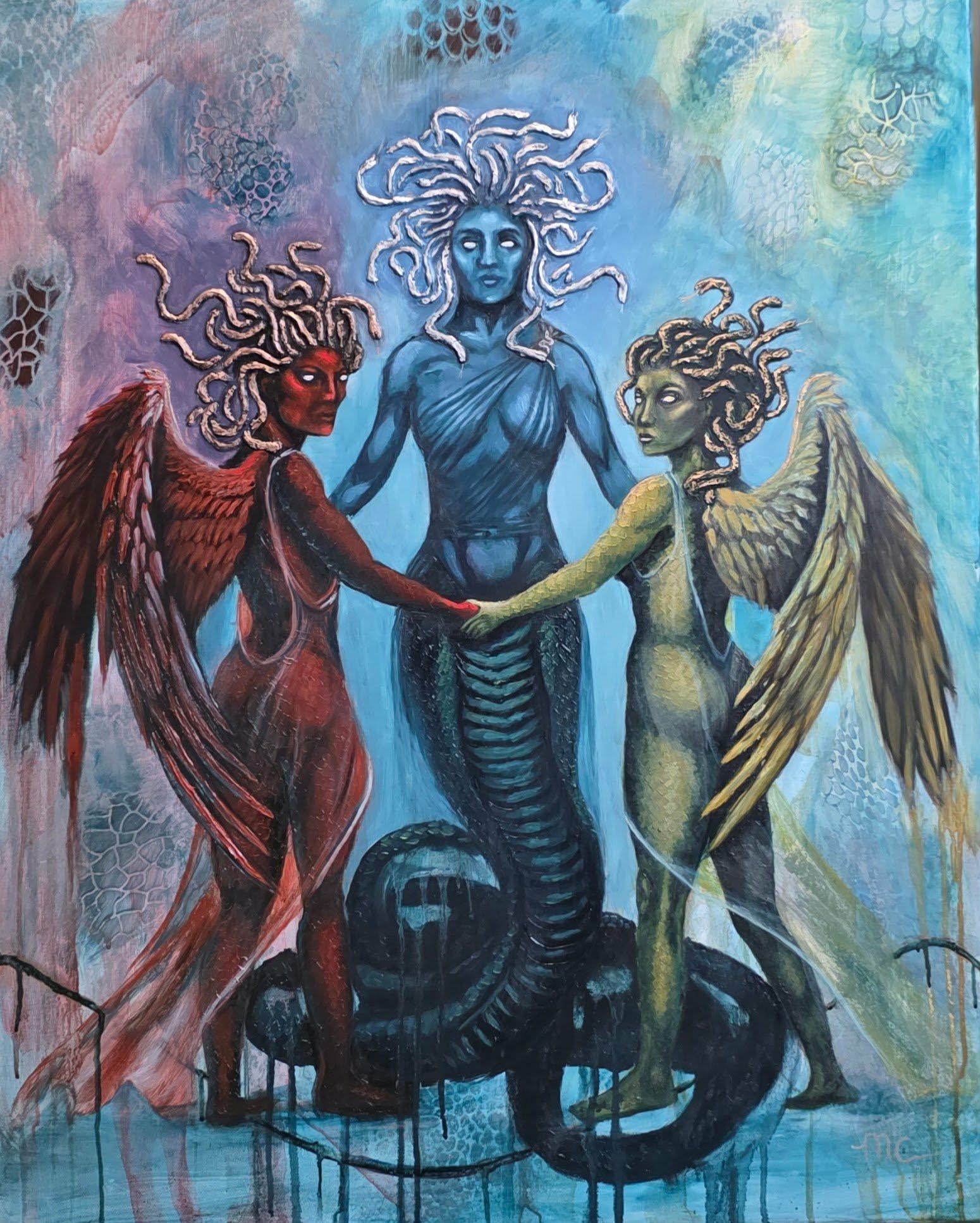 "The Resolve" (Gorgons or Medusa) by Marci Cable The Inherent Series. This work is a testament to the strength required to stand firm when olthers choose to ostracize you. monster survivor strong Never alone.