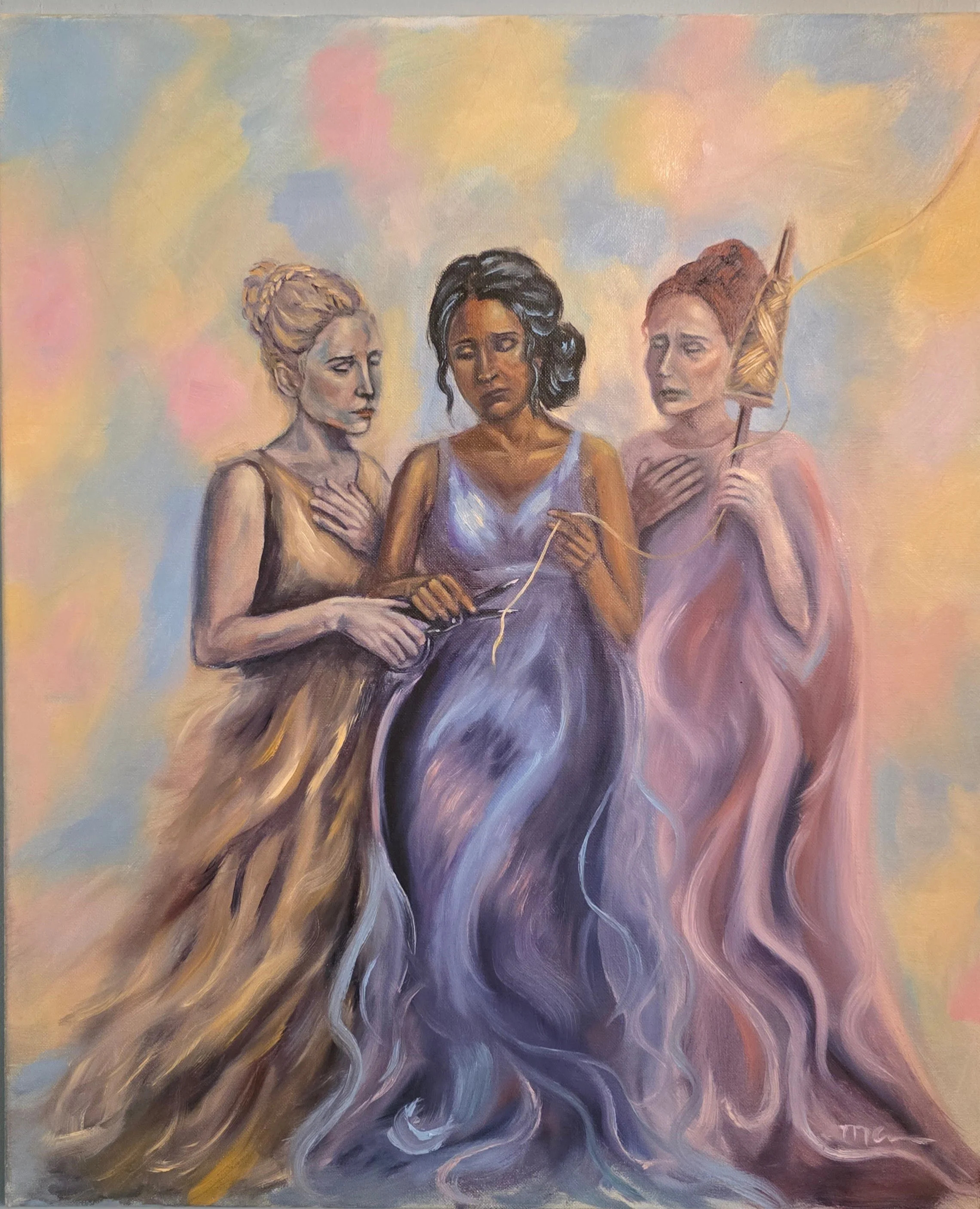 "The Loss" (The fates or Moirai) by Marci Cable The Inherent Series. SIDS Awareness Dedicated in Memory of Trisston A painting of three women with different hair styles and colors, appearing contemplative, with swirling pastel-colored backgrounds.