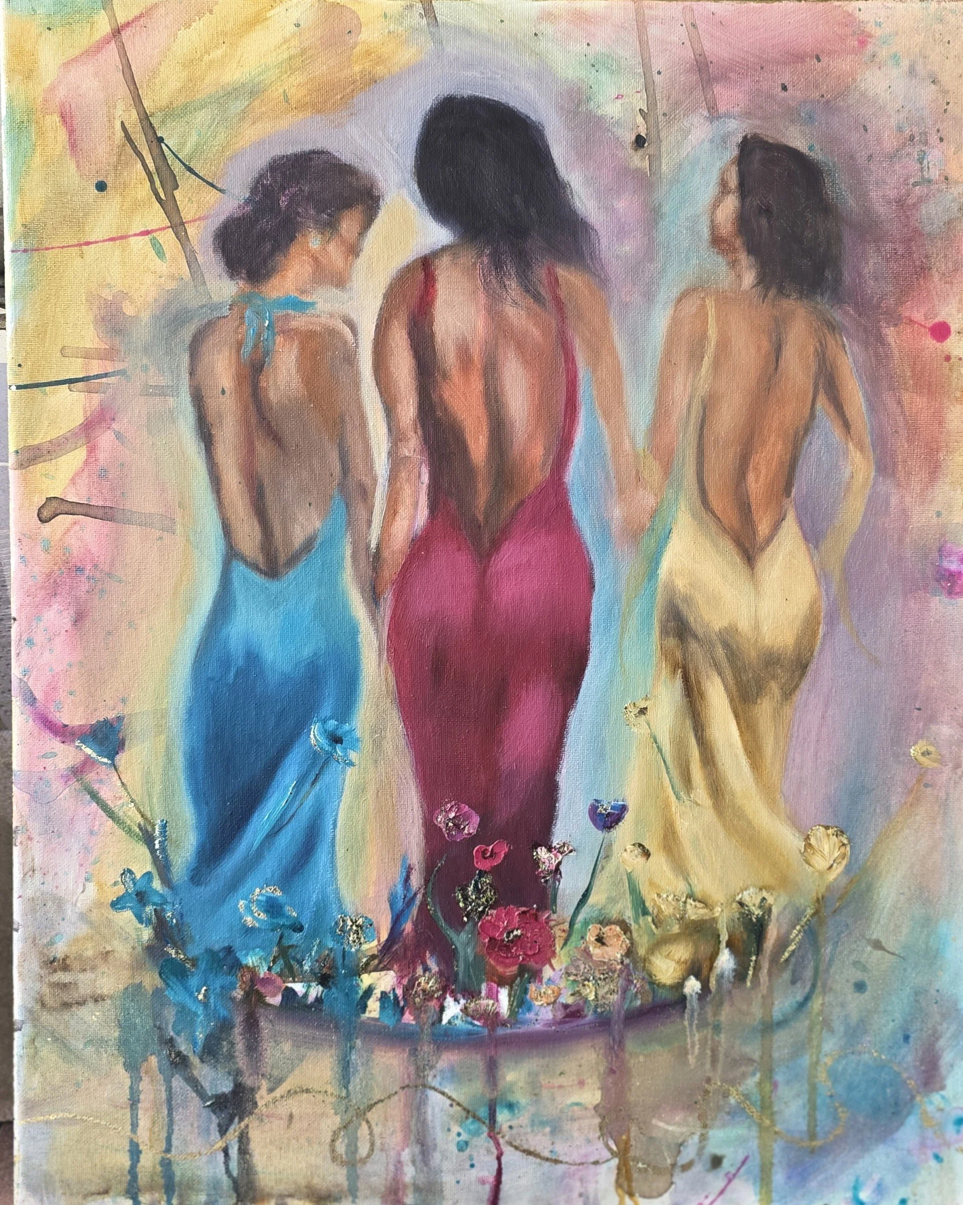 "The Serenity" (The Graces or Charities) by Marci Cable The Inherent Series. Painting of three women viewed from behind, with colorful, abstract background and floral elements at the bottom. First Place Winner in the 2026 Magnolia Arts Annual Show