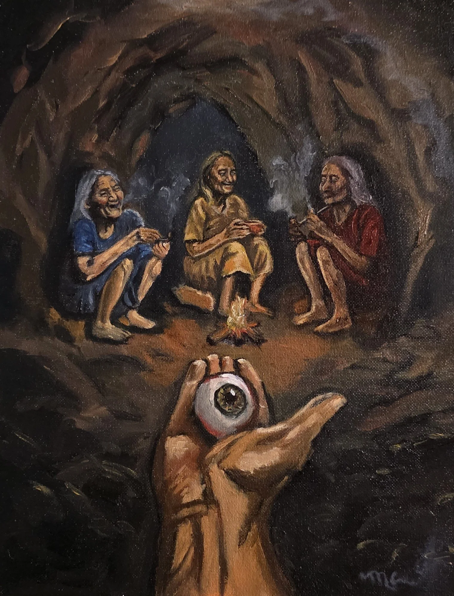 "The Static" ( The Grey Sisters or Graeae) by Marci Cable The Inherent Series. A painting depicting three elderly women sitting inside a cave, eating and smoking, and a person's hand holding a large eyeball in the foreground. Percy Jackson