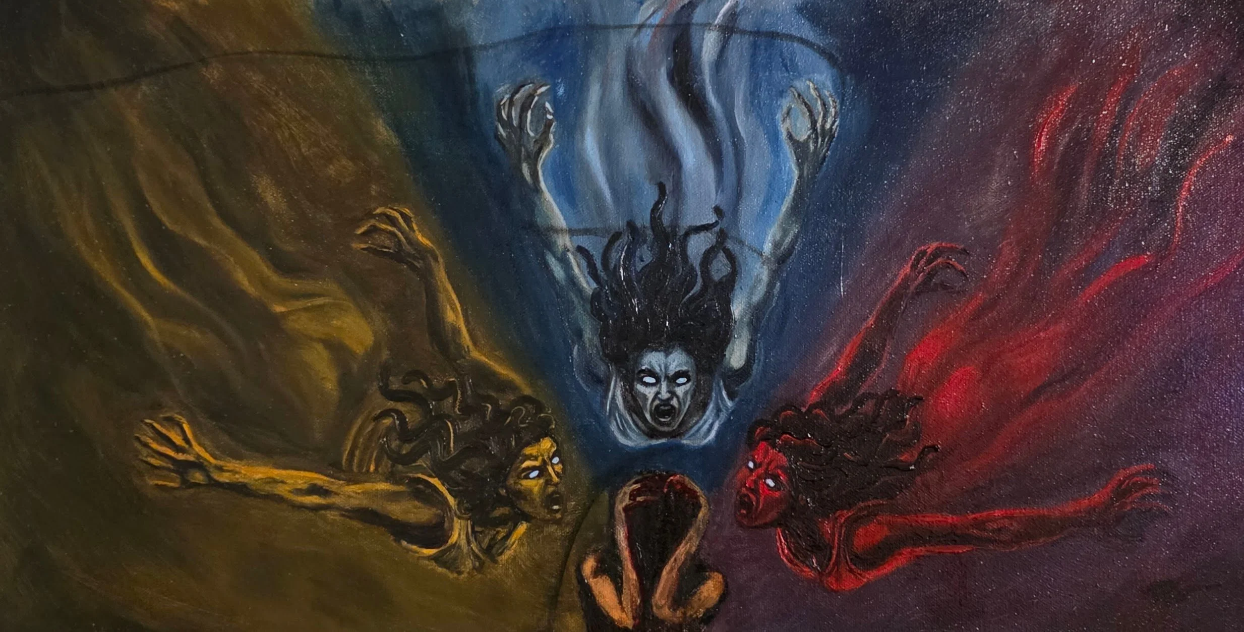 "The Wrath" (The Furies or Erinyes) by Marci Cable The Inherent Series. Pain, Self-Blame, Anger, Fracturing Faith A fantasy painting featuring figures with flowing hair and glowing eyes, surrounded by swirling colors of yellow, blue, and red.