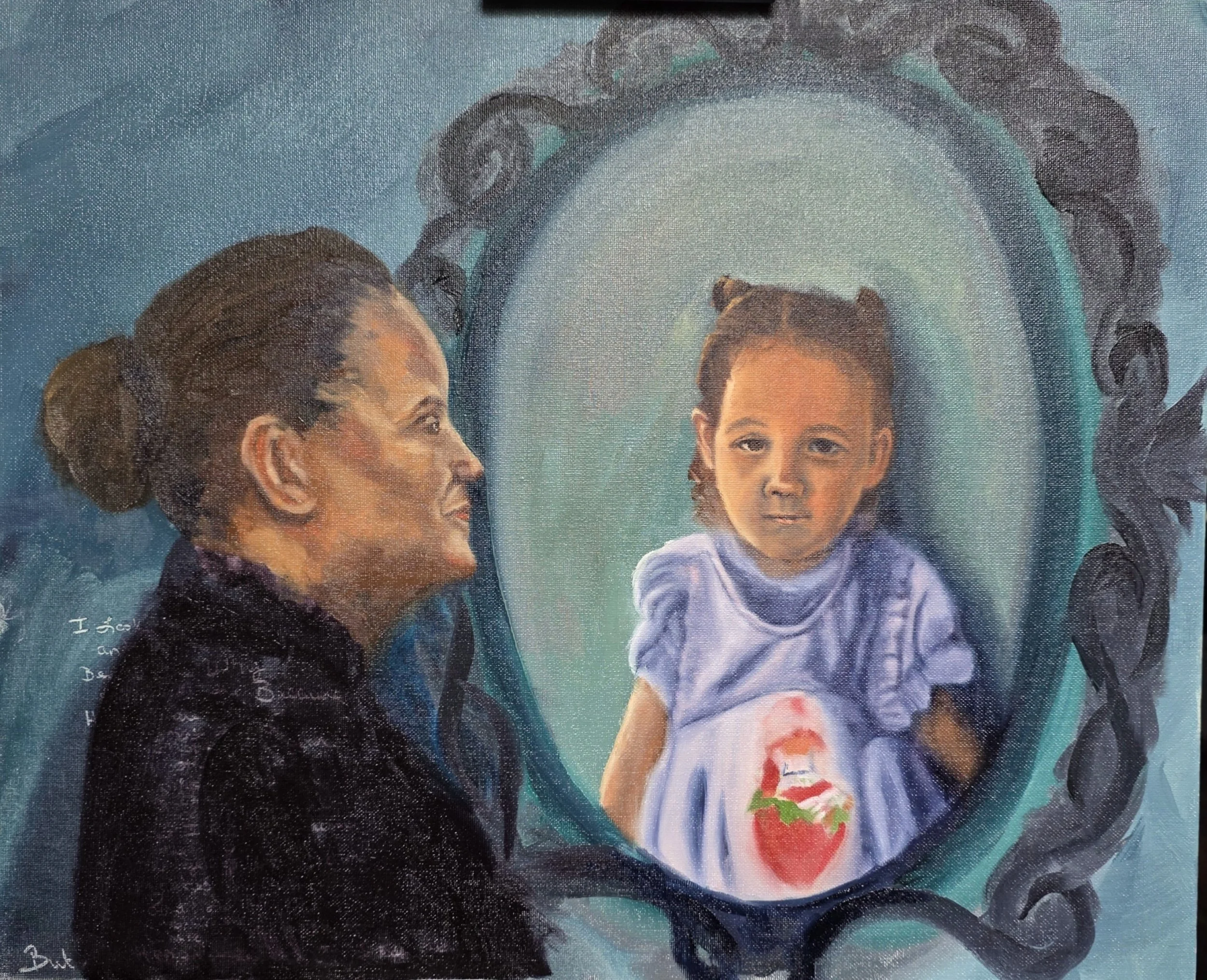 Painting of a woman with brown hair in a bun looking at a young girl with short hair holding a bouquet of flowers. The candle in front of the girl is lit. The background is blue with a decorative frame around the scene.