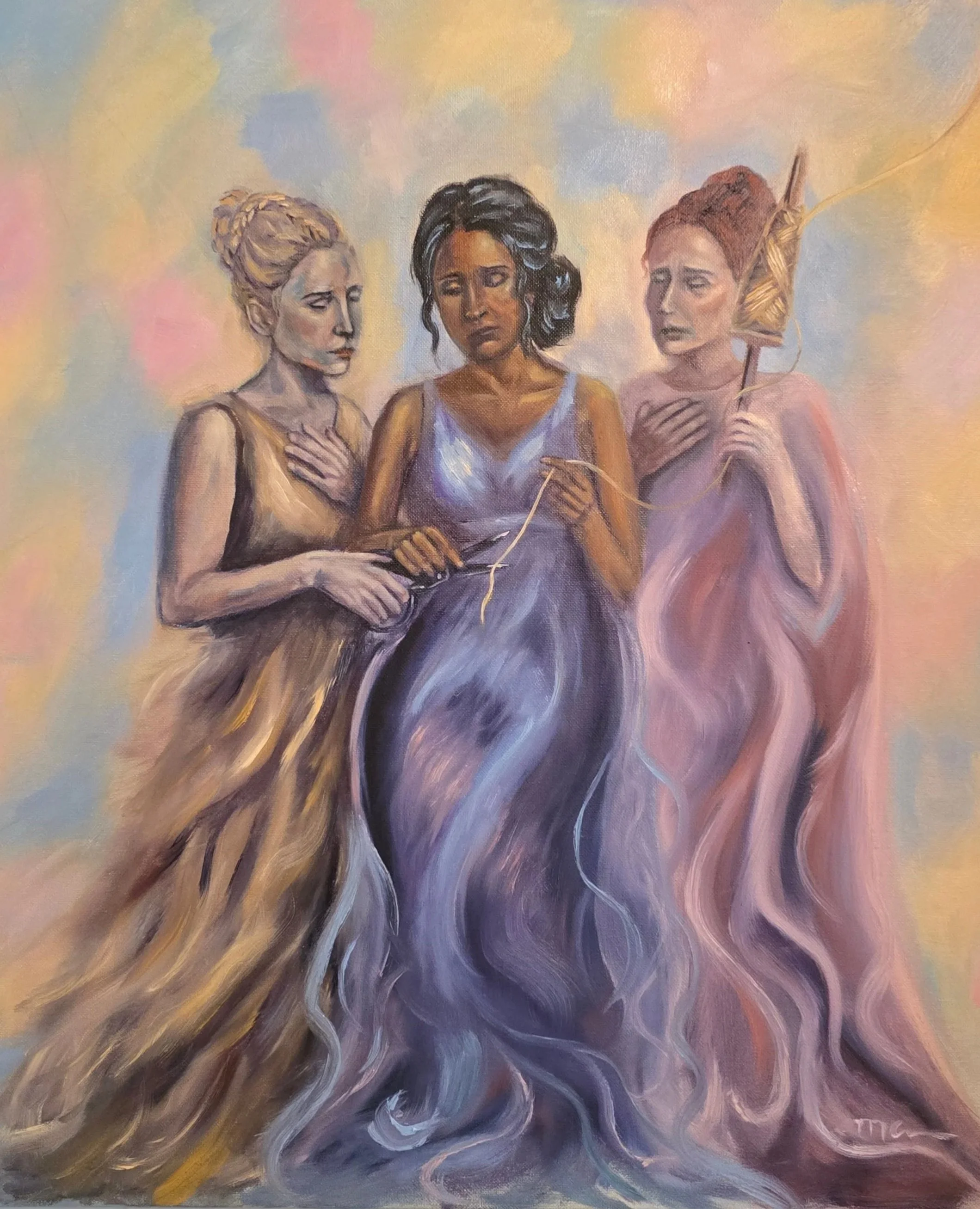 Painting of three women with expressive faces, holding needles, surrounded by swirling, rainbow-hued background.