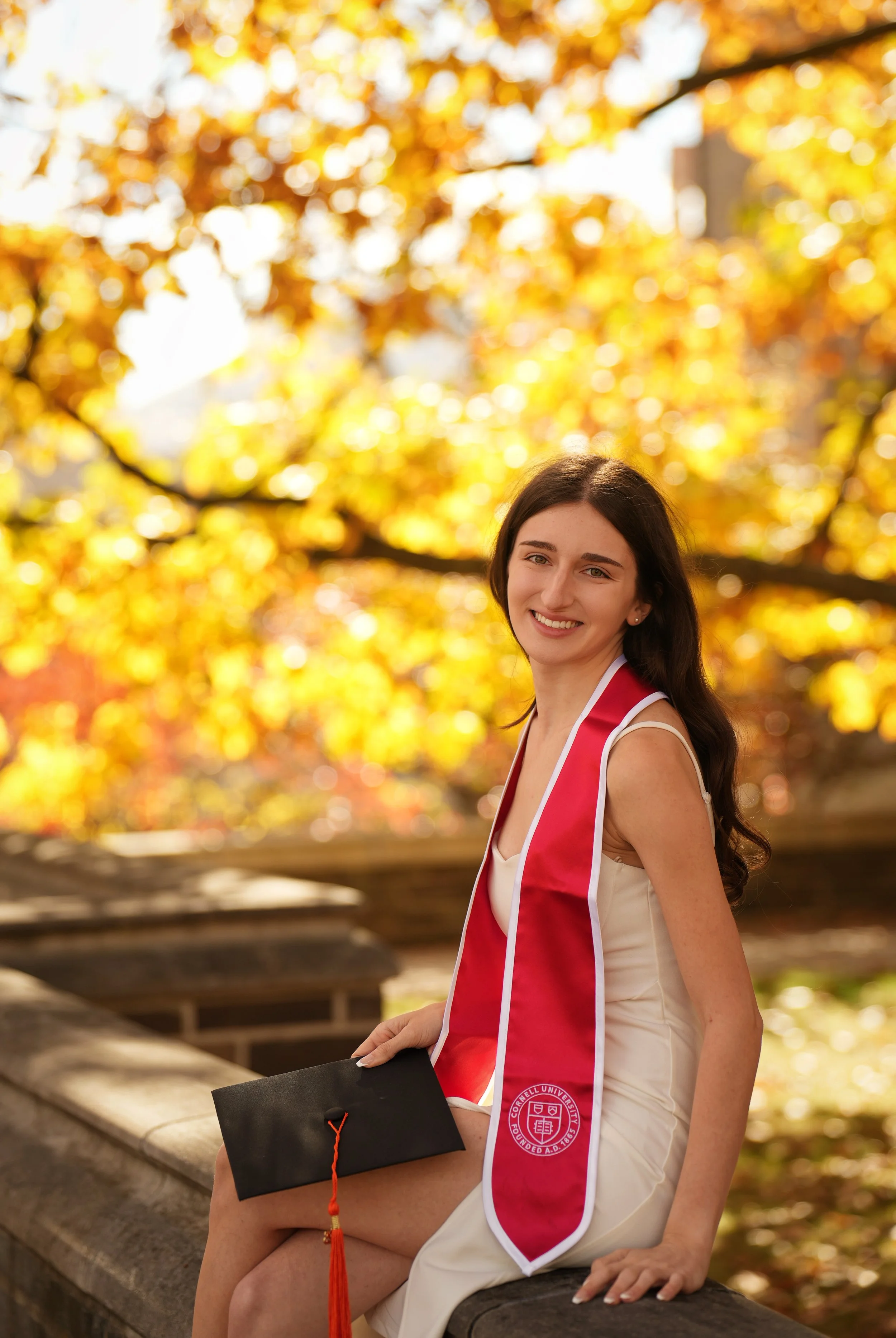 A young woman in a white dress with a red graduation stole, sitting on a stone ledge outdoors during autumn. She is smiling and holding her graduation cap. The background features vibrant yellow and orange fall leaves.