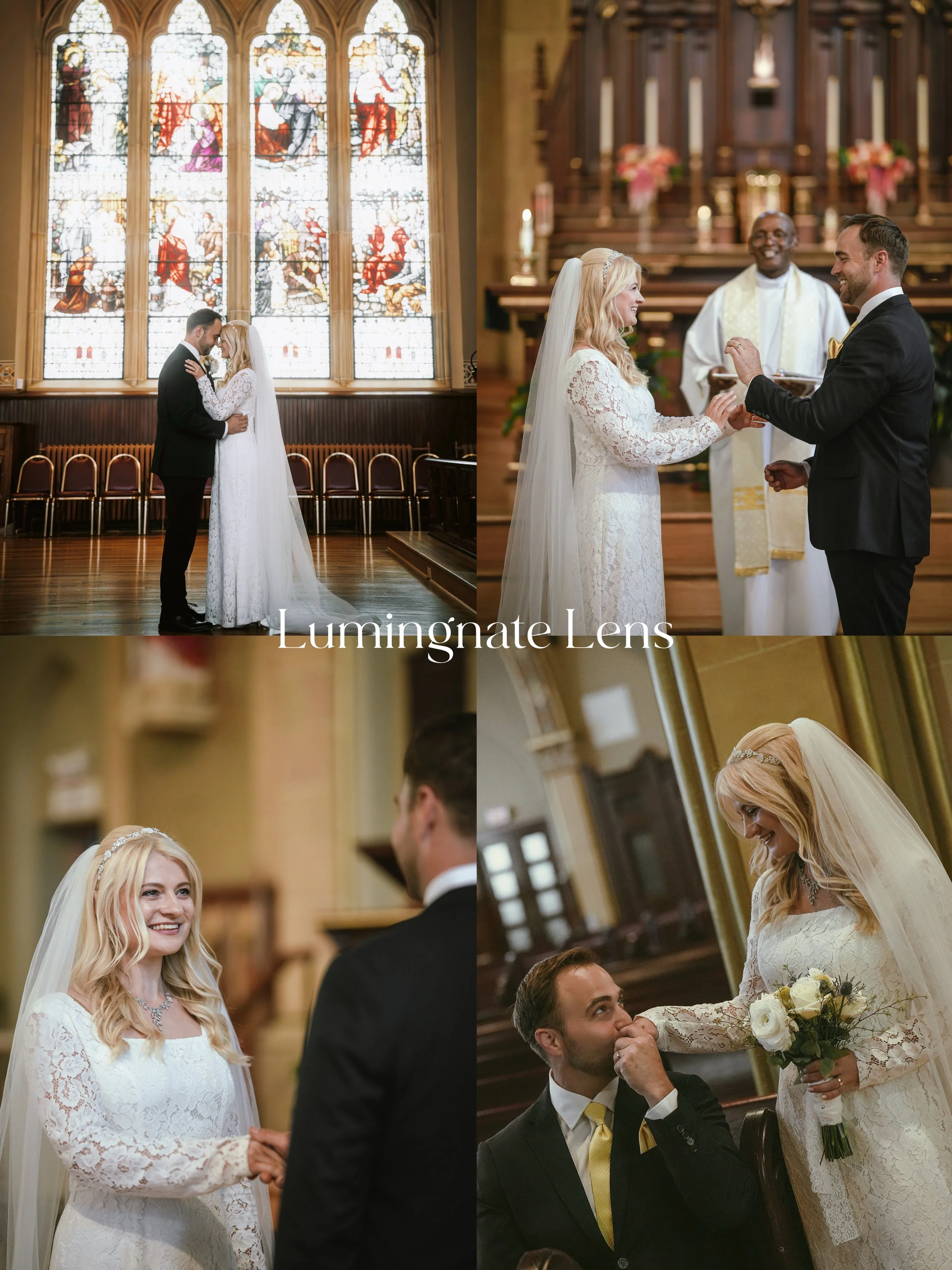 A wedding ceremony taking place inside a church with stained glass windows. The bride and groom are exchanging vows and holding hands, with a priest officiating. The bride is wearing a white lace dress and veil, and the groom is in a dark suit with a